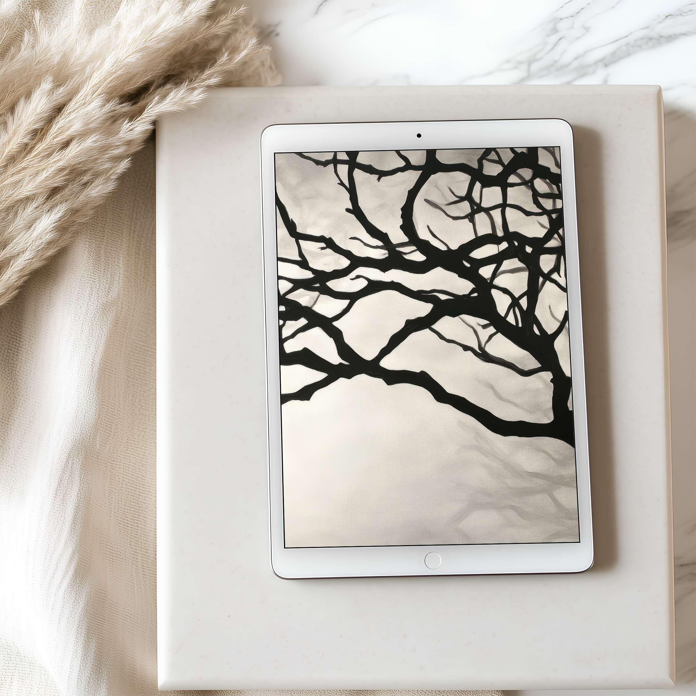 Elegant tablet wallpaper featuring serene monochrome tree branches, perfect for high resolution iPad and Android tablets, digital download