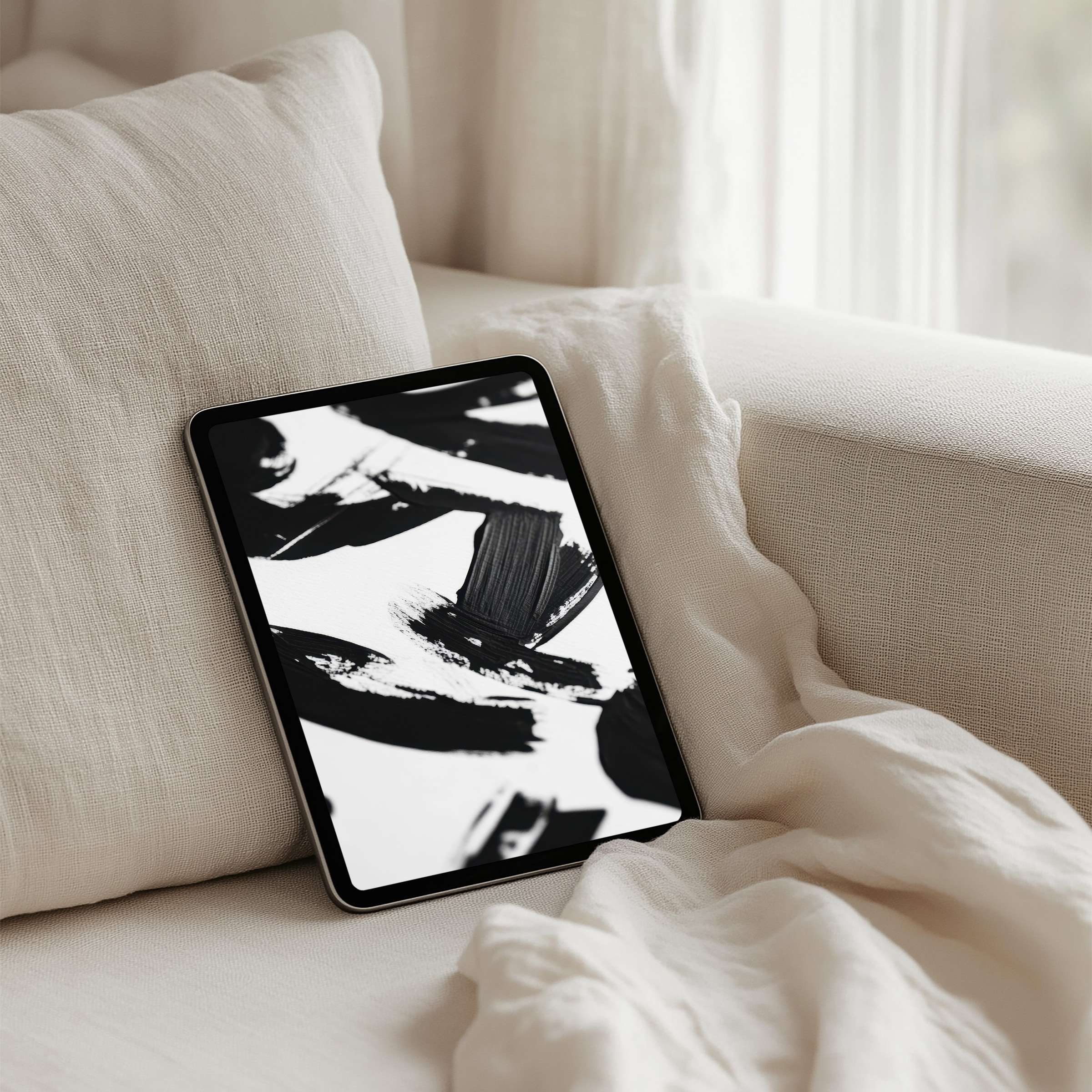 Black brushstrokes elegantly adorn an iPad background, offering instant download for mindful tablet use on cozy, sustainable textures