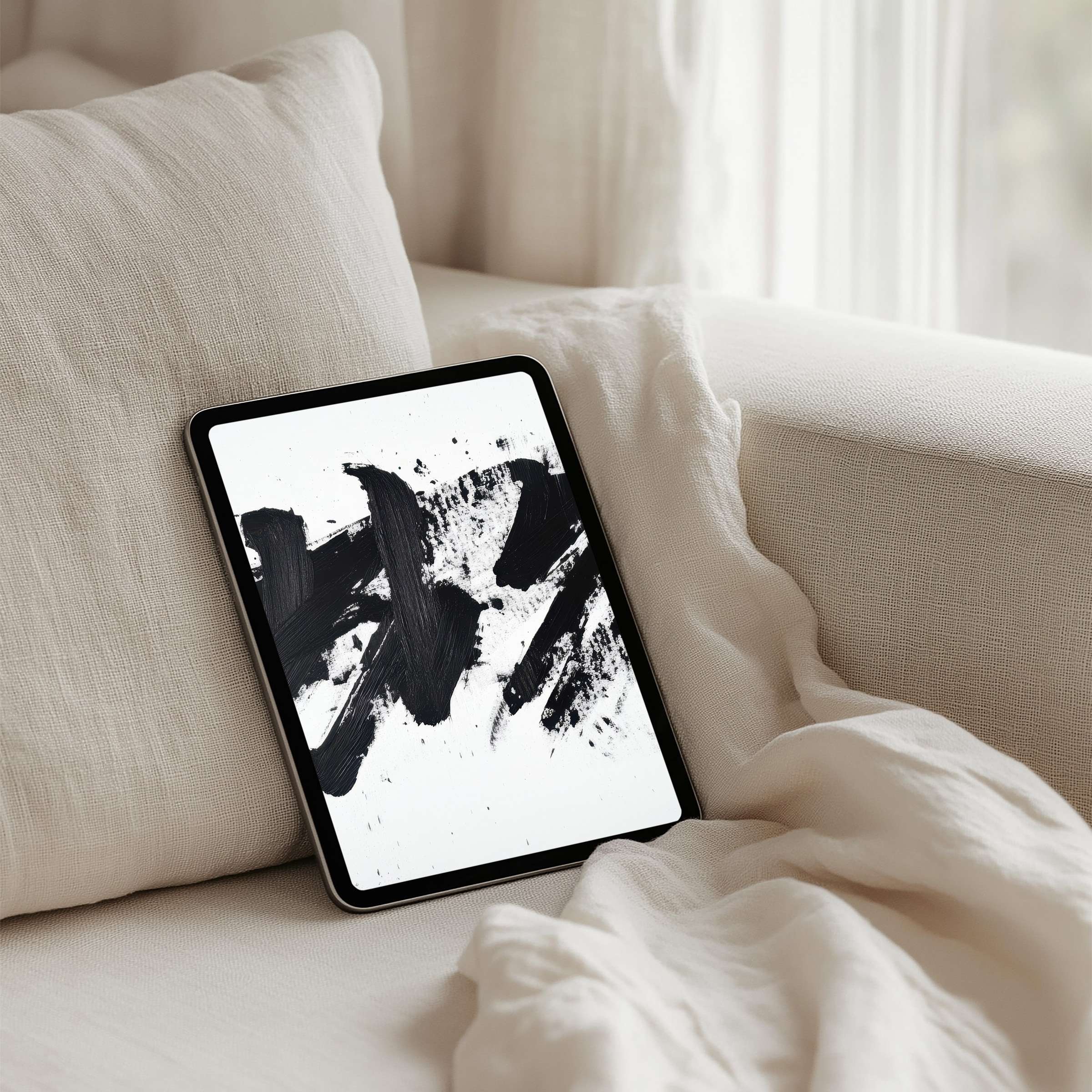 Serene black and white abstract brushstrokes on an iPad background perfect for mindful elegance on any tablet instant download