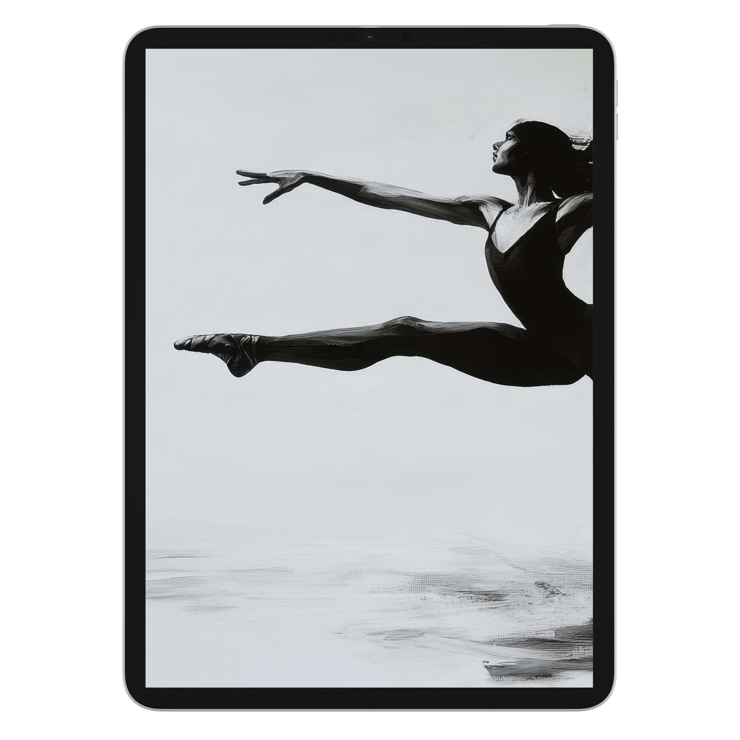Elegant black and white iPad wallpaper of a dancer in motion offers a calming digital download background for any tablet user