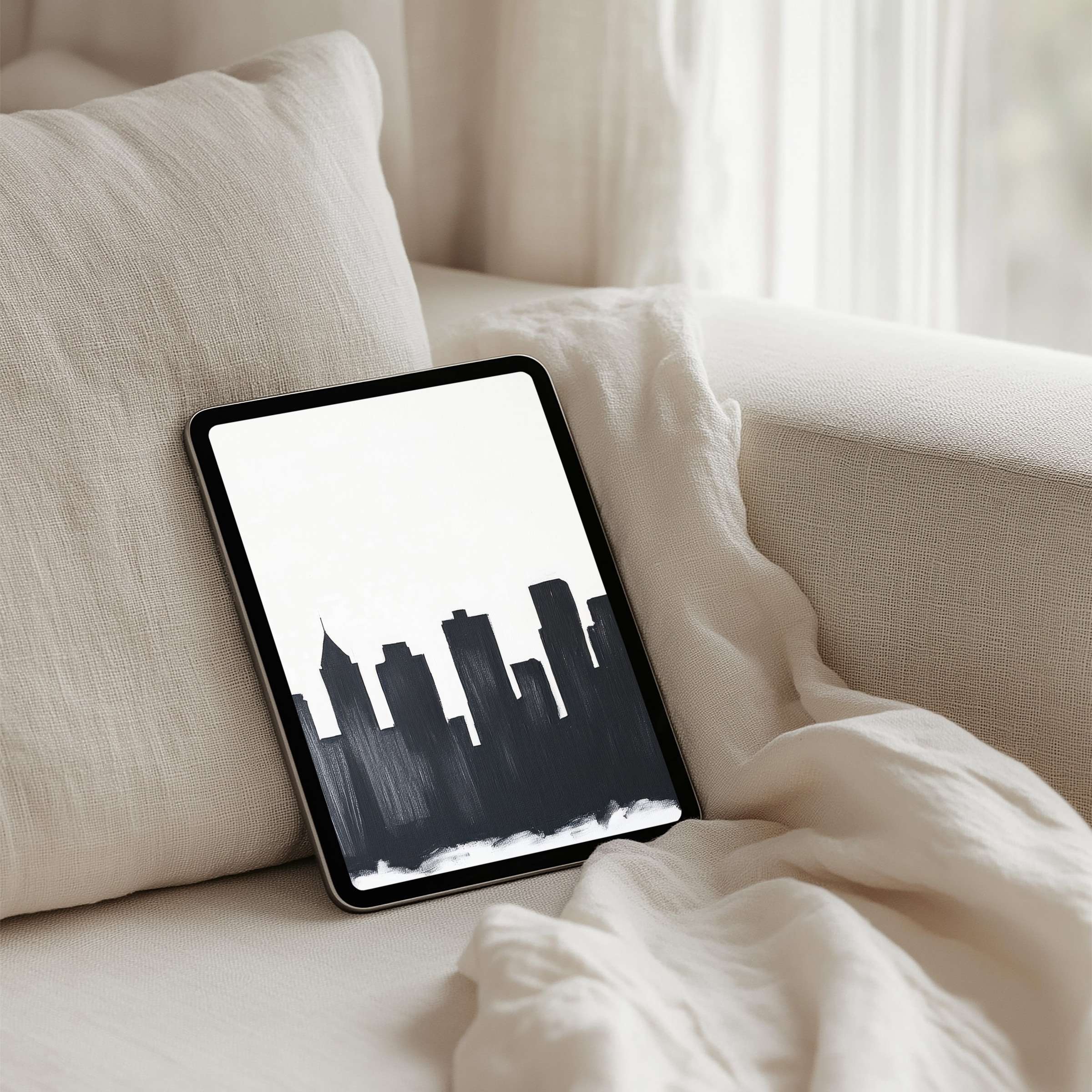 Elegant black and white cityscape iPad background offers instant download for tablet users seeking calm inspiration and minimalist style