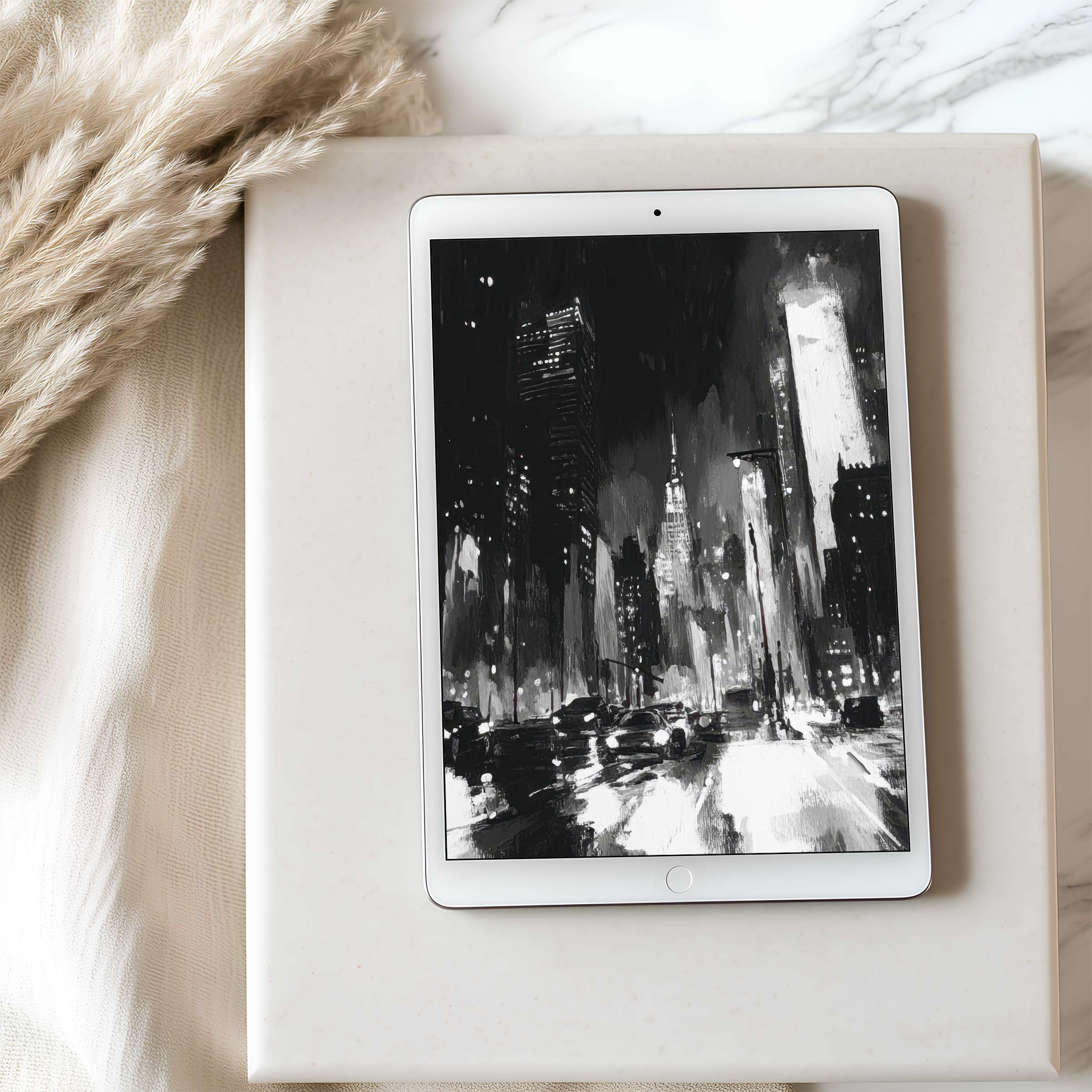 Black and white cityscape tablet wallpaper adds sophistication to interiors stimulating calm with high-resolution digital download for iPad