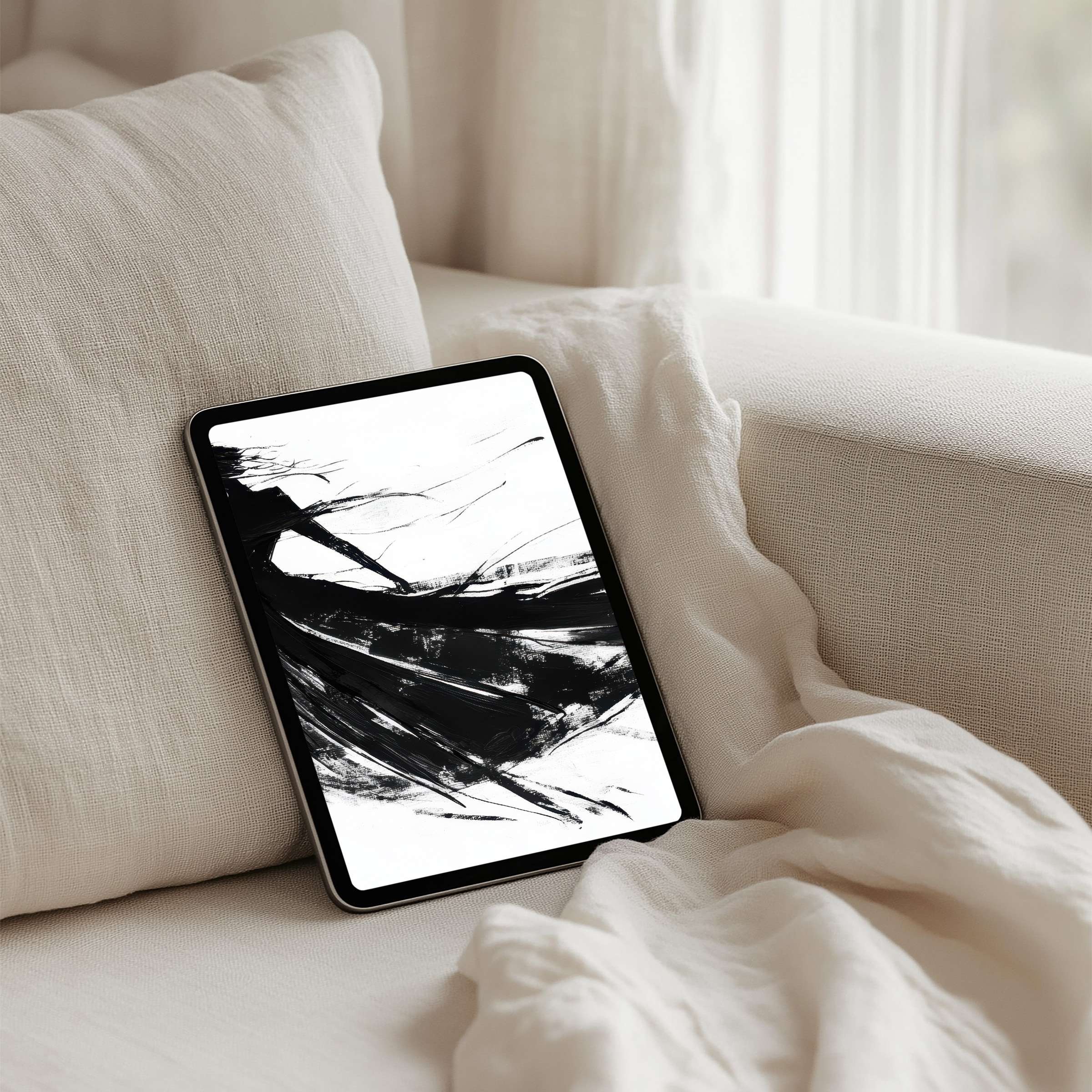 Elegant black brushstrokes create a serene iPad background perfect for instant download to your tablet inspiring mindfulness