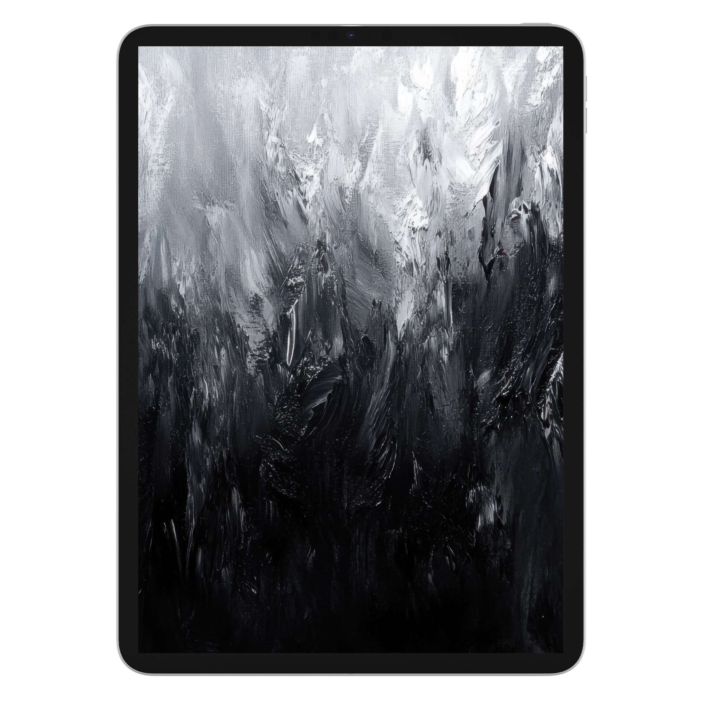 Elegant abstract black and white iPad wallpaper featuring textured brushstrokes, available as a digital download for any tablet background