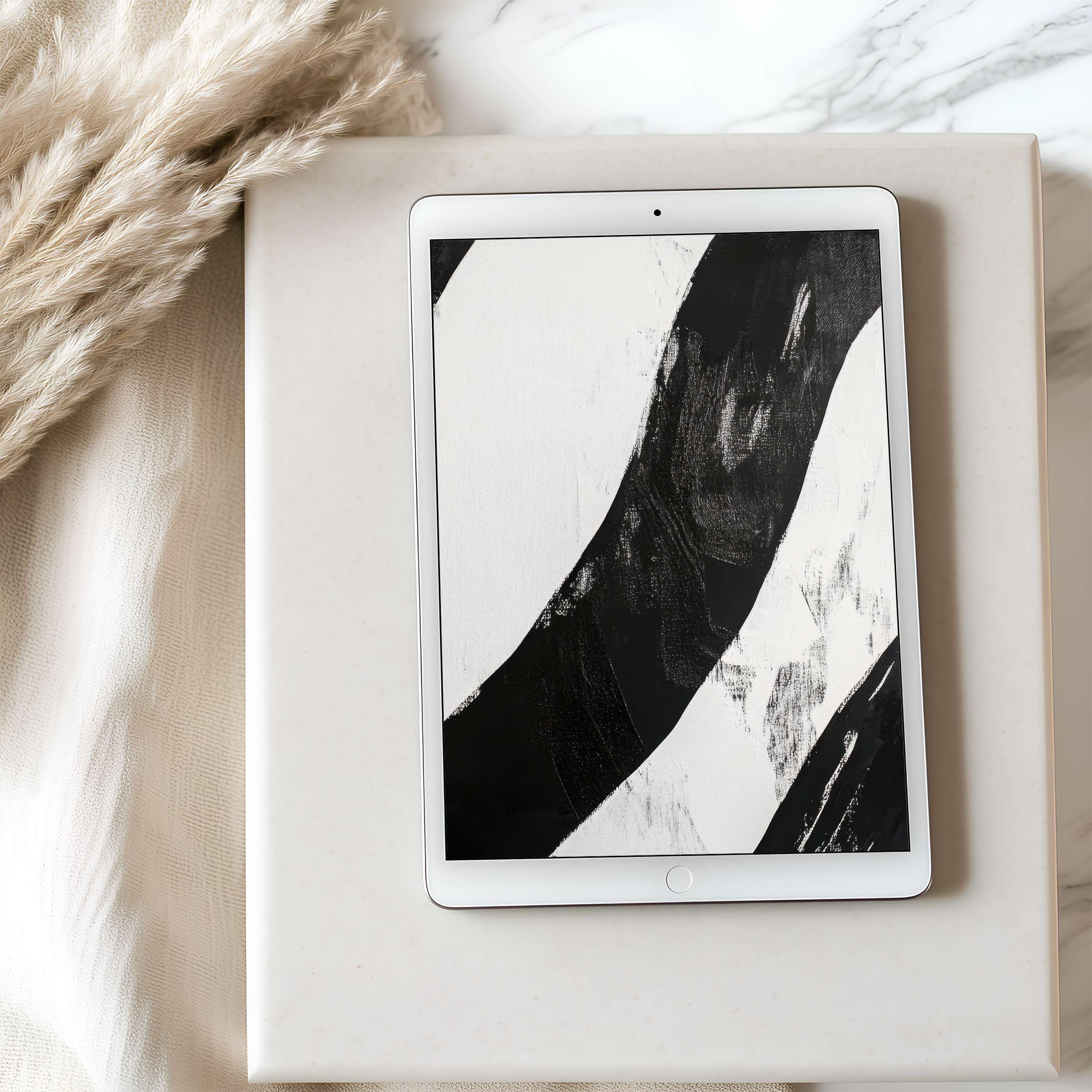 Elegant monochrome abstract tablet wallpaper for iPad in high resolution, perfect for serene interiors and sustainable digital download