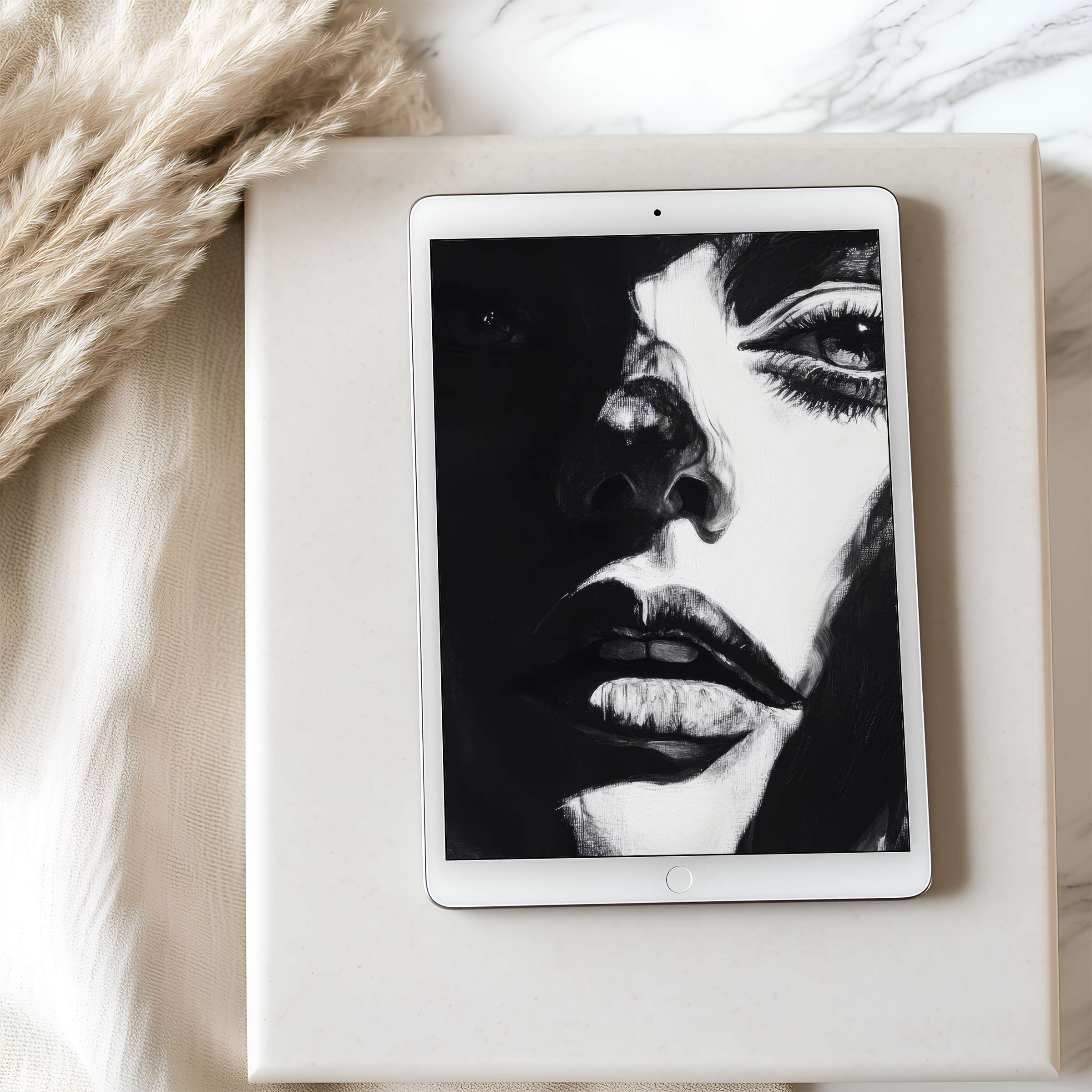 Elegant black and white portrait tablet wallpaper offering a calming aesthetic for iPad digital download in high resolution toute elegance