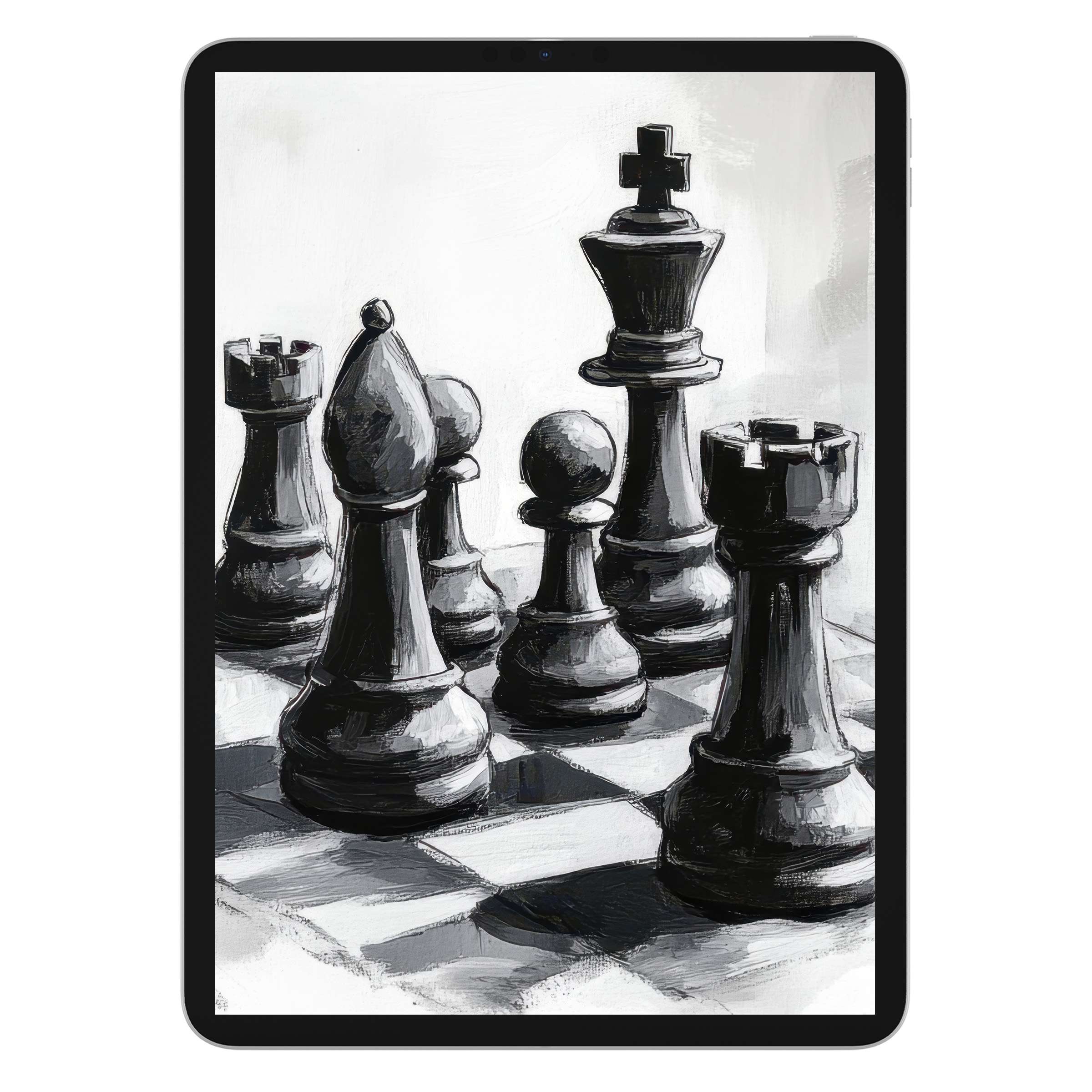 Elegant black and white iPad wallpaper showcasing chess pieces; ideal digital download background for tablet users seeking sophistication
