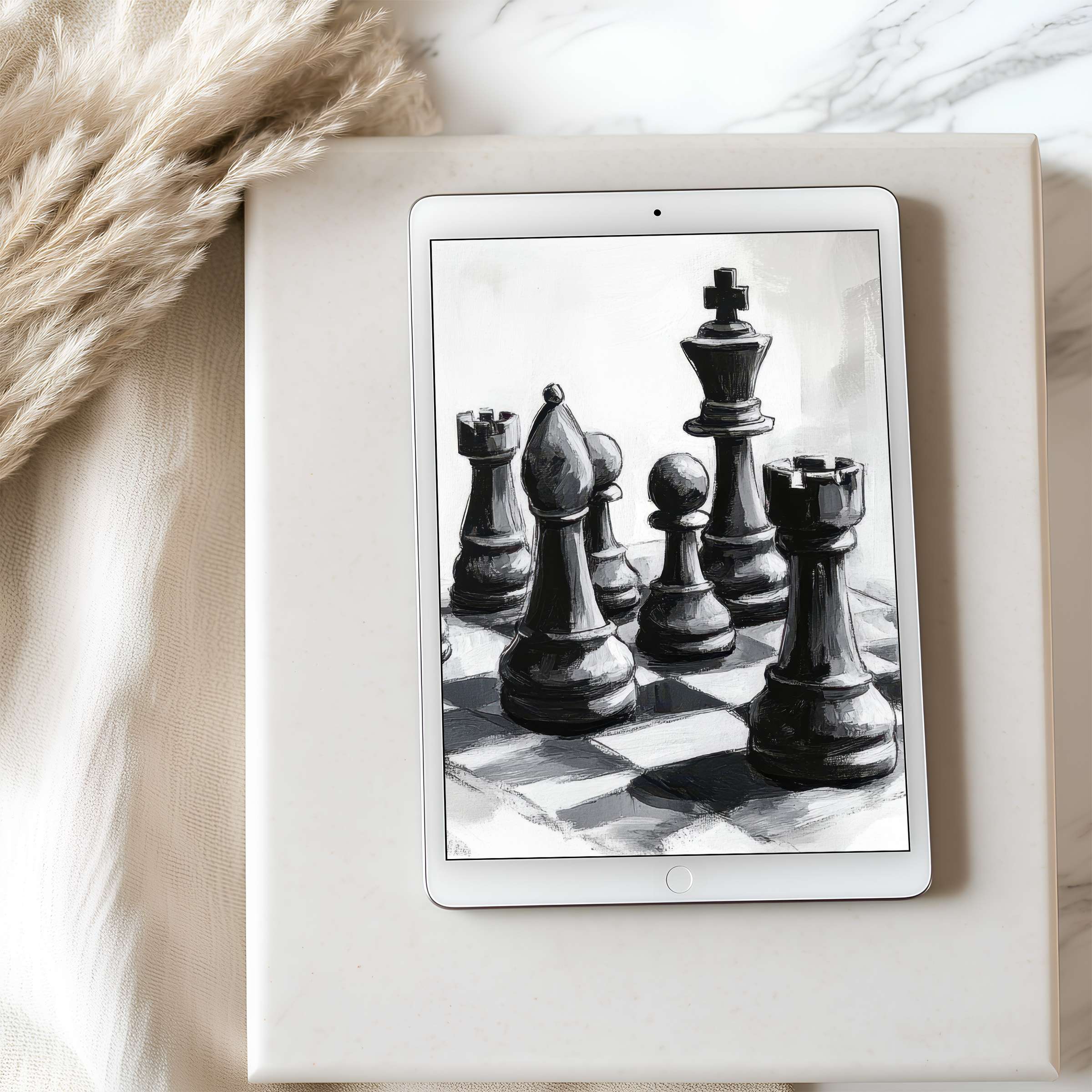Elegant black and white chess motif tablet wallpaper brings a sophisticated, curated touch to your iPad or Android for serene digital download