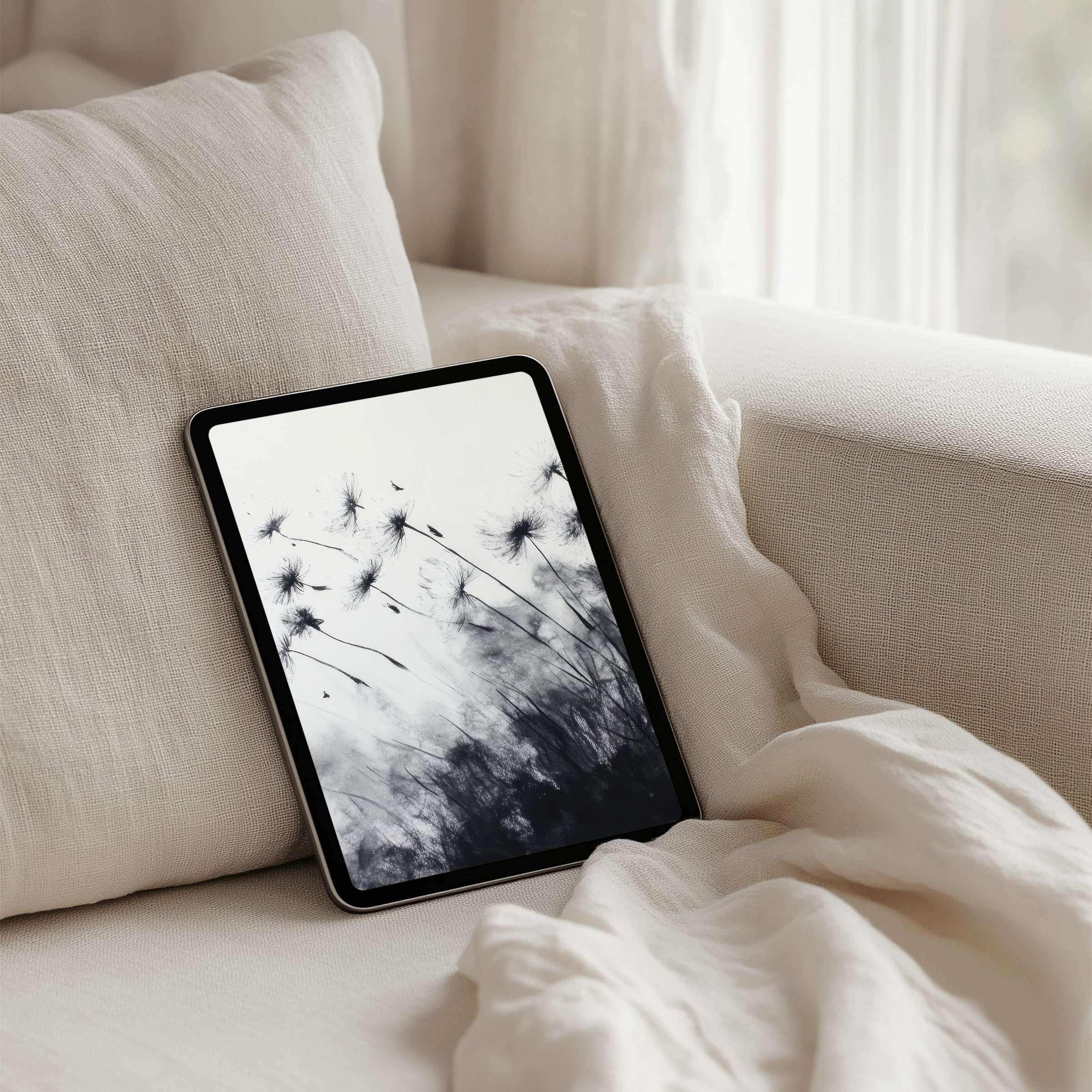 Elegant iPad background featuring serene dandelion art in monochrome tones for instant download on any tablet inspiring calmness