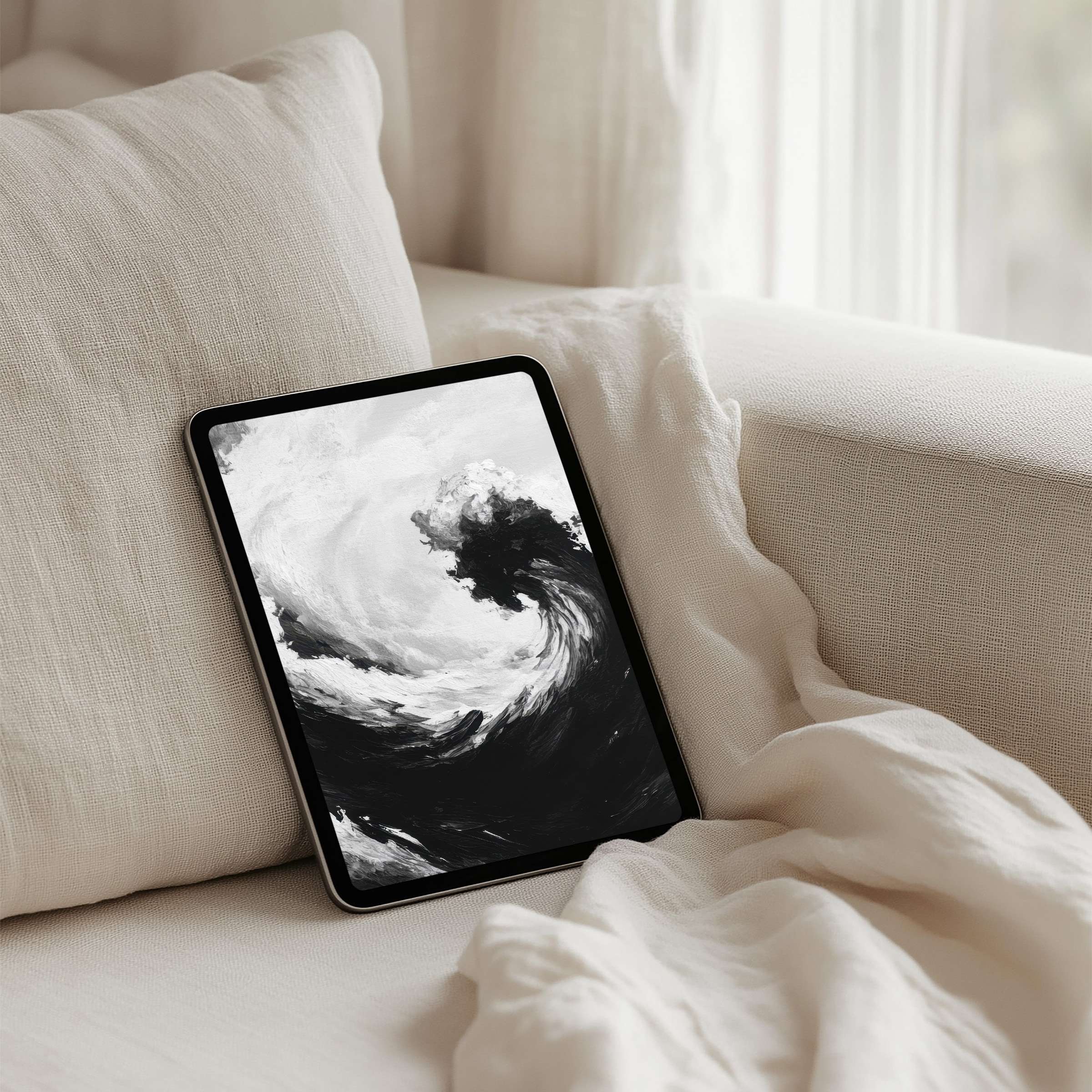 Elegant wave art iPad background for instant download, adds calm and inspiration to any tablet setting on soft beige couch