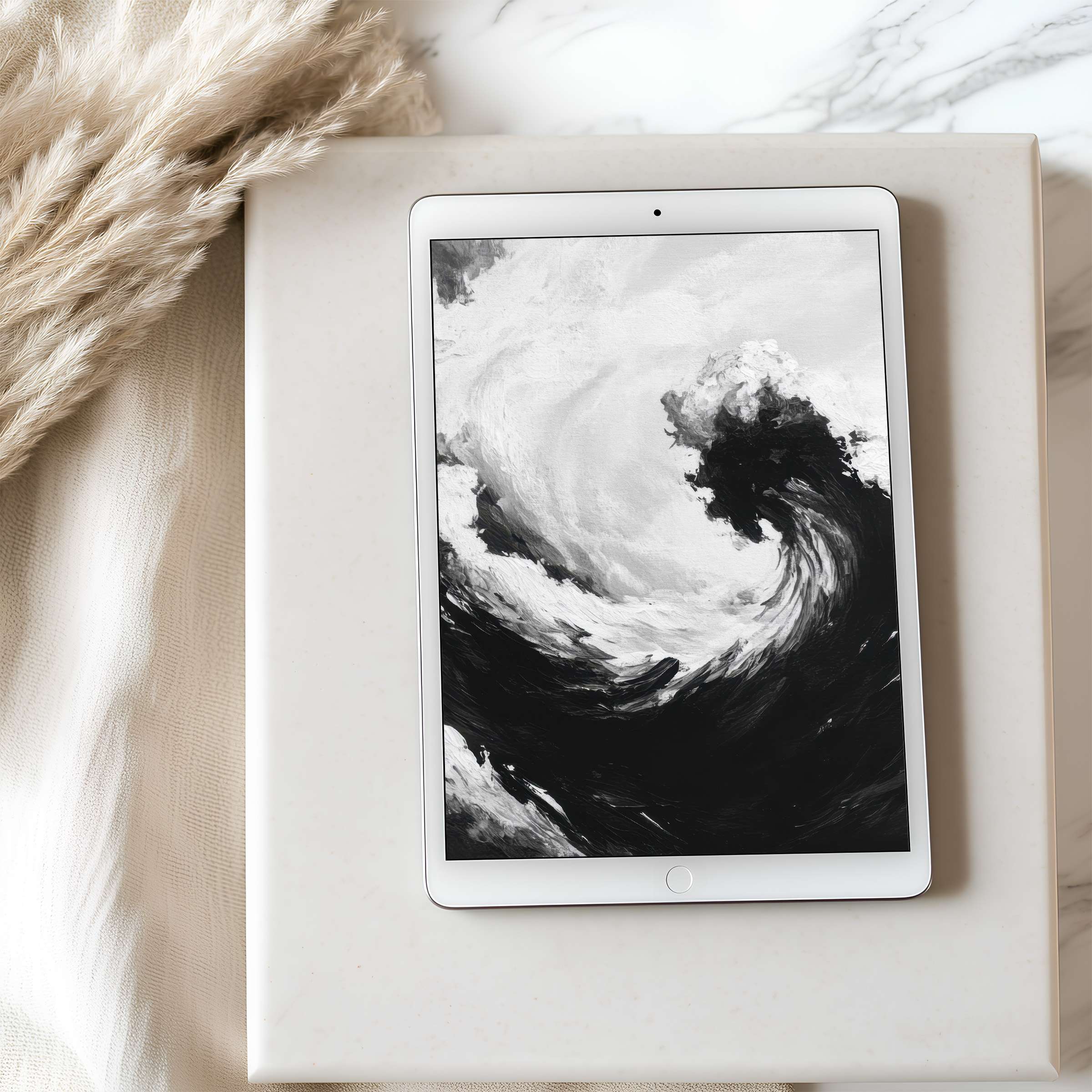 Elegant black-and-white wave art tablet wallpaper in high resolution for iPad and Android, enhancing serene digital interiors