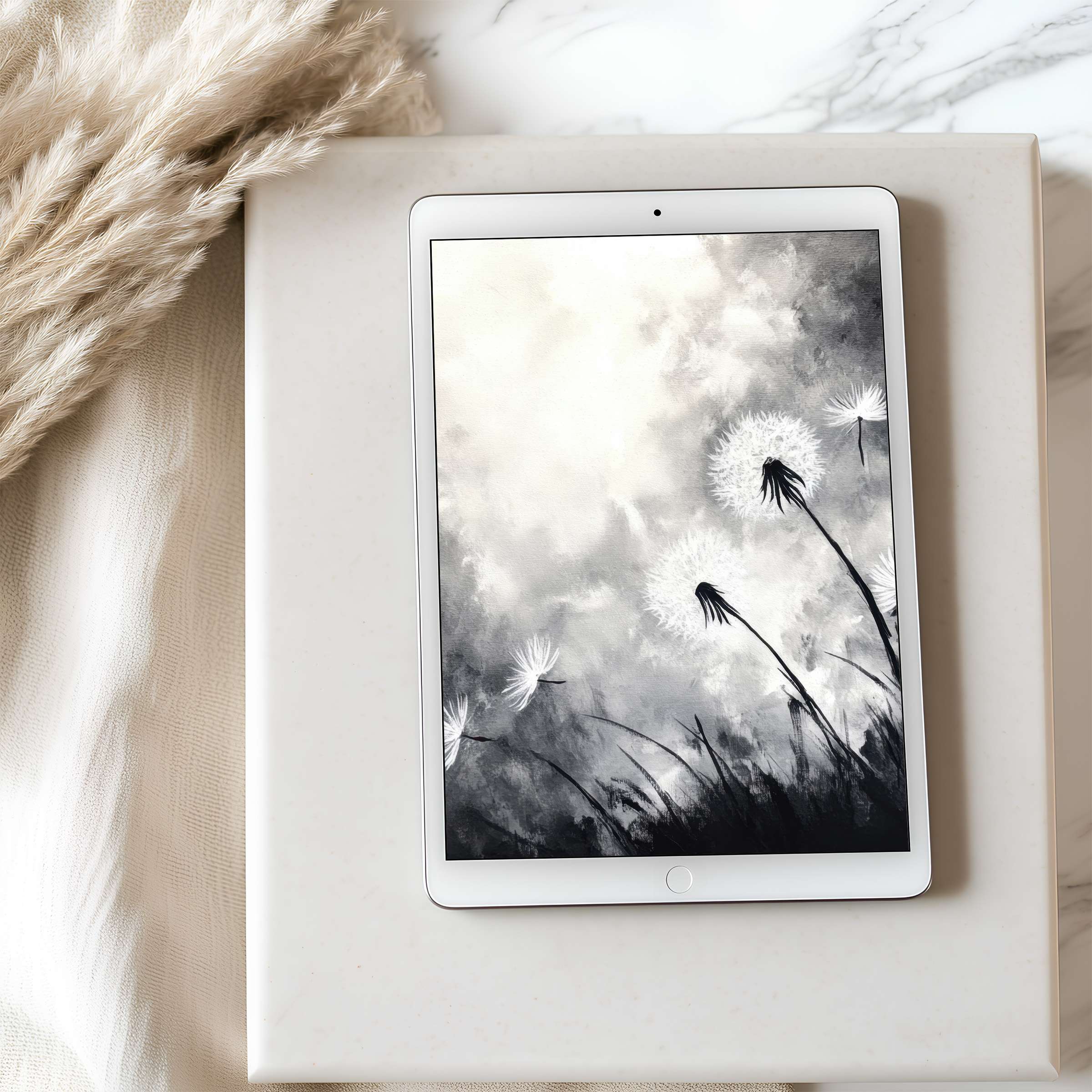 Dreamy tablet wallpaper featuring monochrome dandelions against soft clouds, perfect for iPad download, adds elegance to any space