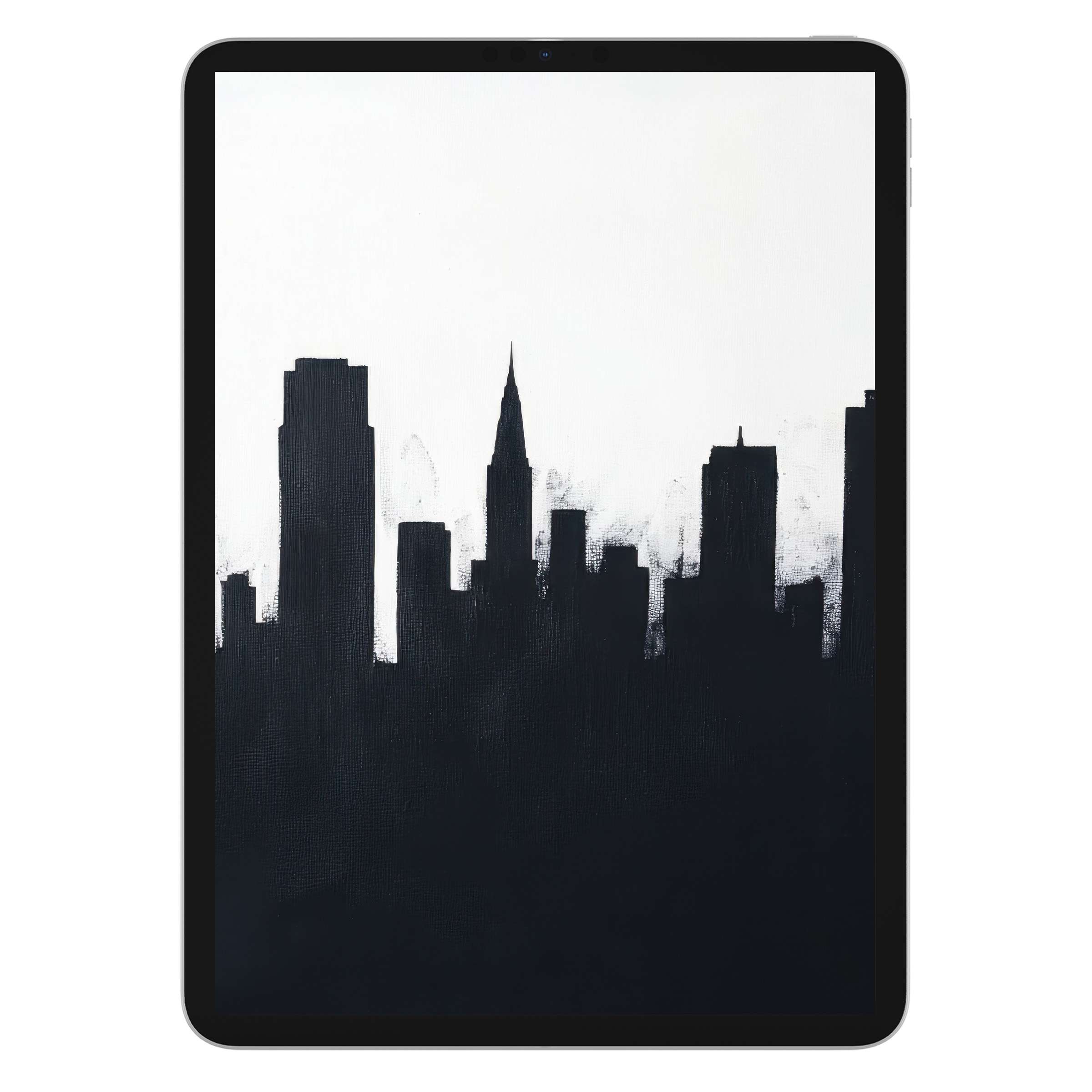 Elegant black and white iPad wallpaper featuring a cityscape silhouette, perfect digital download for tablet backgrounds and serenity