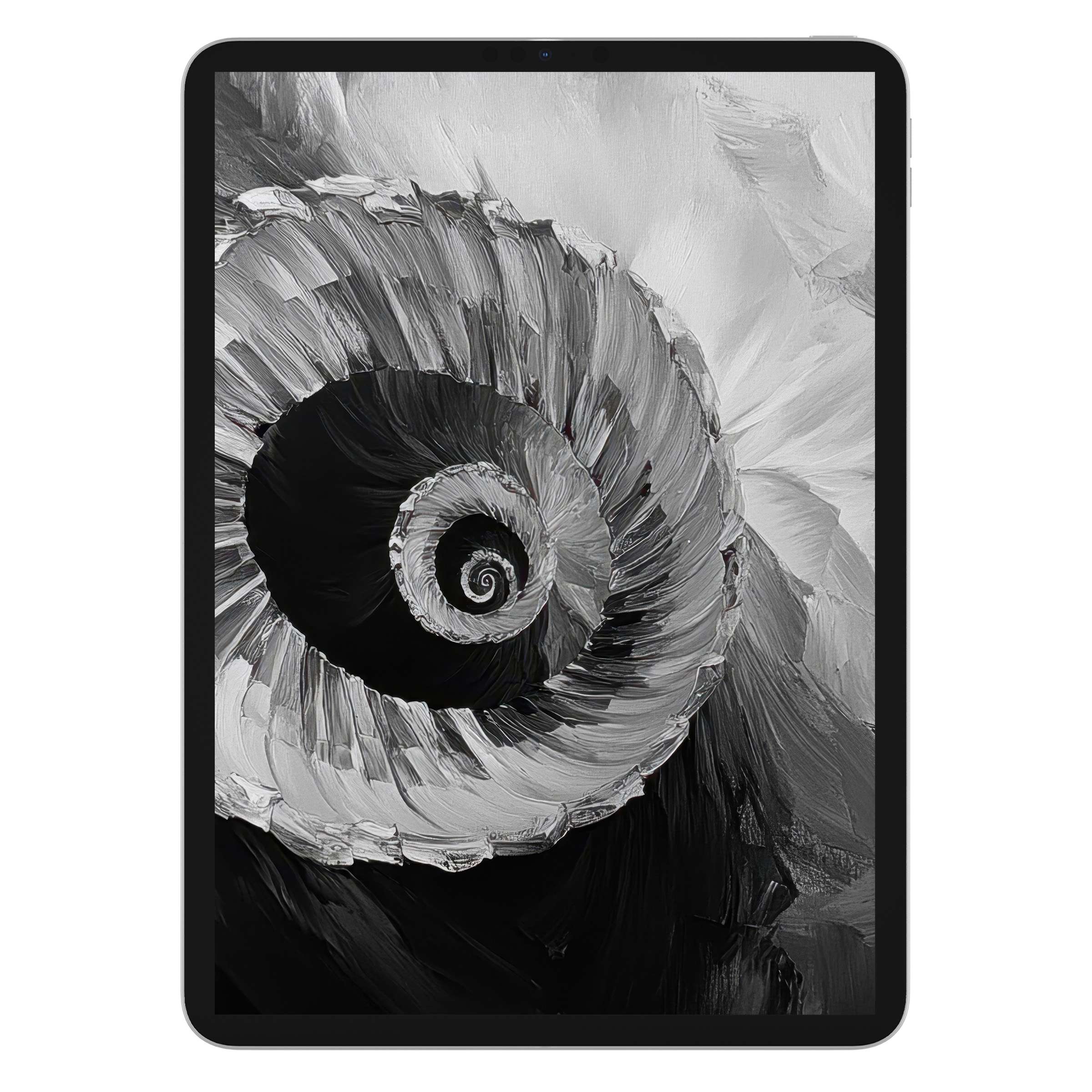 Elegant black and white iPad wallpaper featuring a spiral brushstroke pattern for digital download, perfect tablet background for sleek design lovers