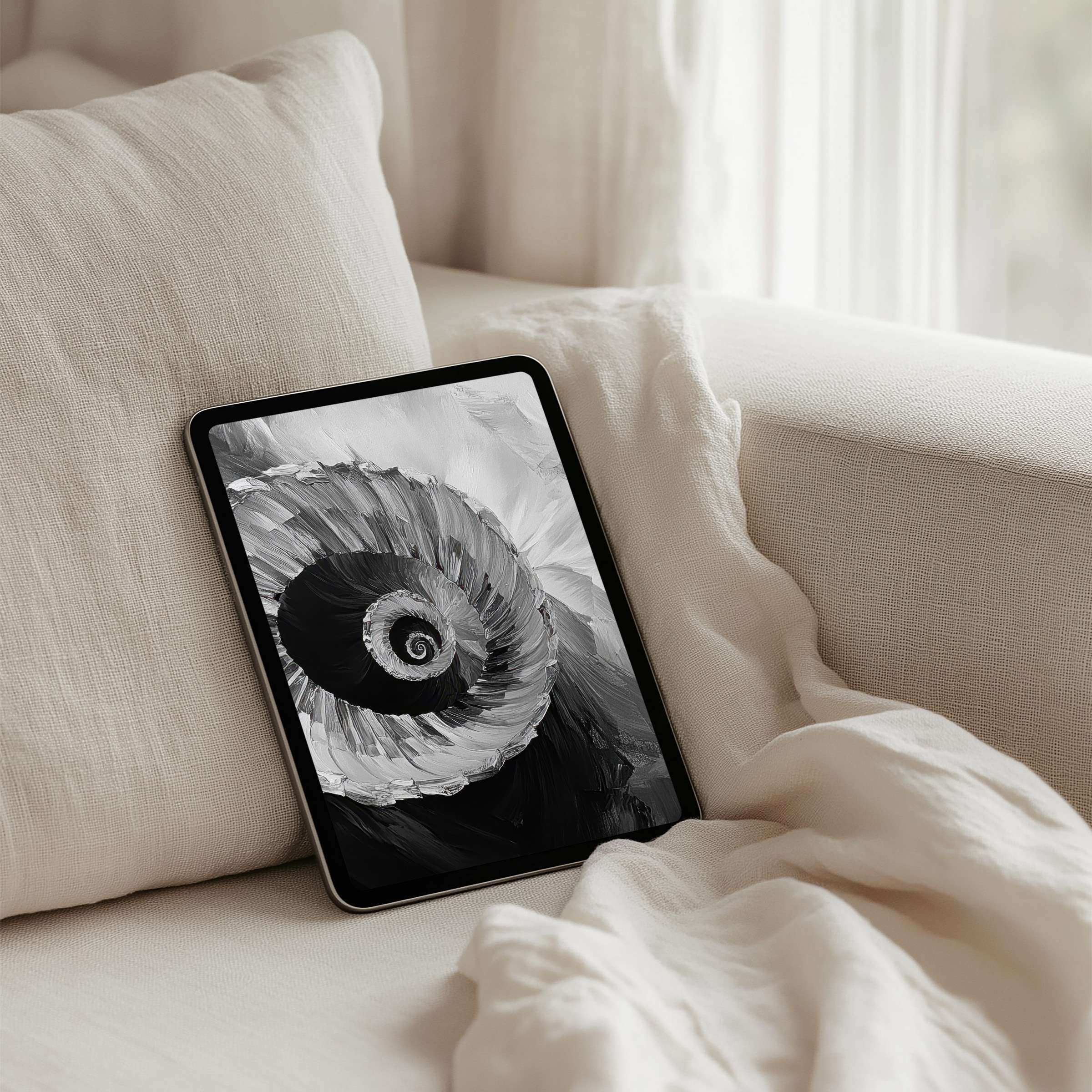 Elegant monochrome spiral art iPad background enhances mindfulness and calm, perfect for tablet instant download inspiring serene spaces