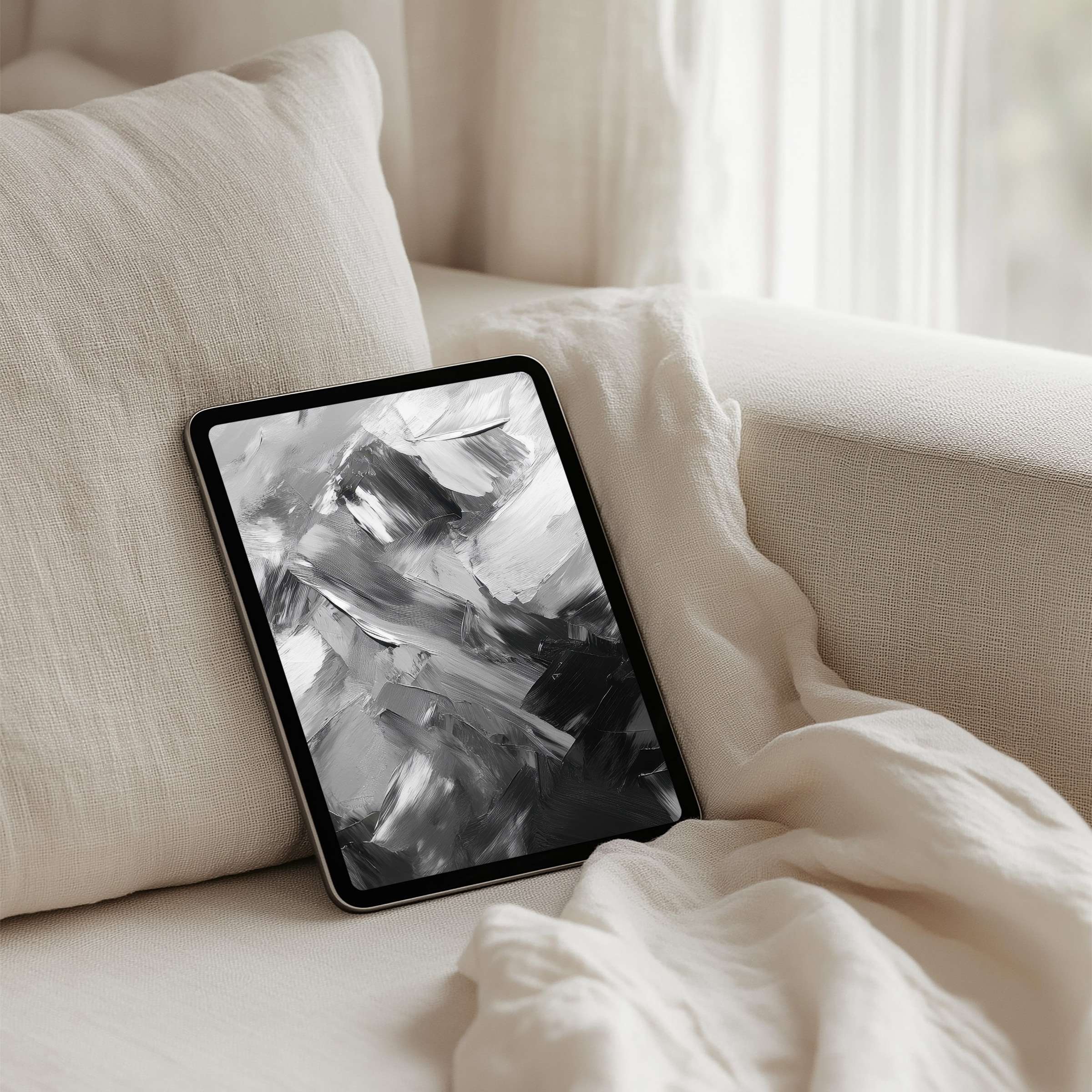 Calm, monochrome abstract art iPad background for a tablet, perfect for instant download inspiring elegance and mindfulness