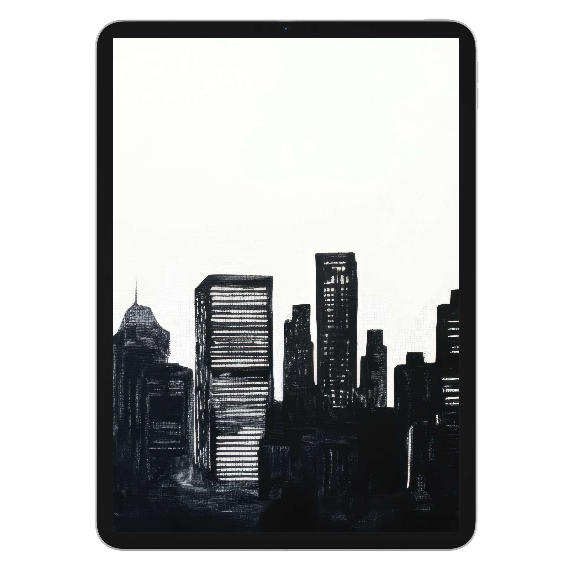Elegant black and white iPad wallpaper capturing urban skyline for a soothing tablet background digital download suitable for Android