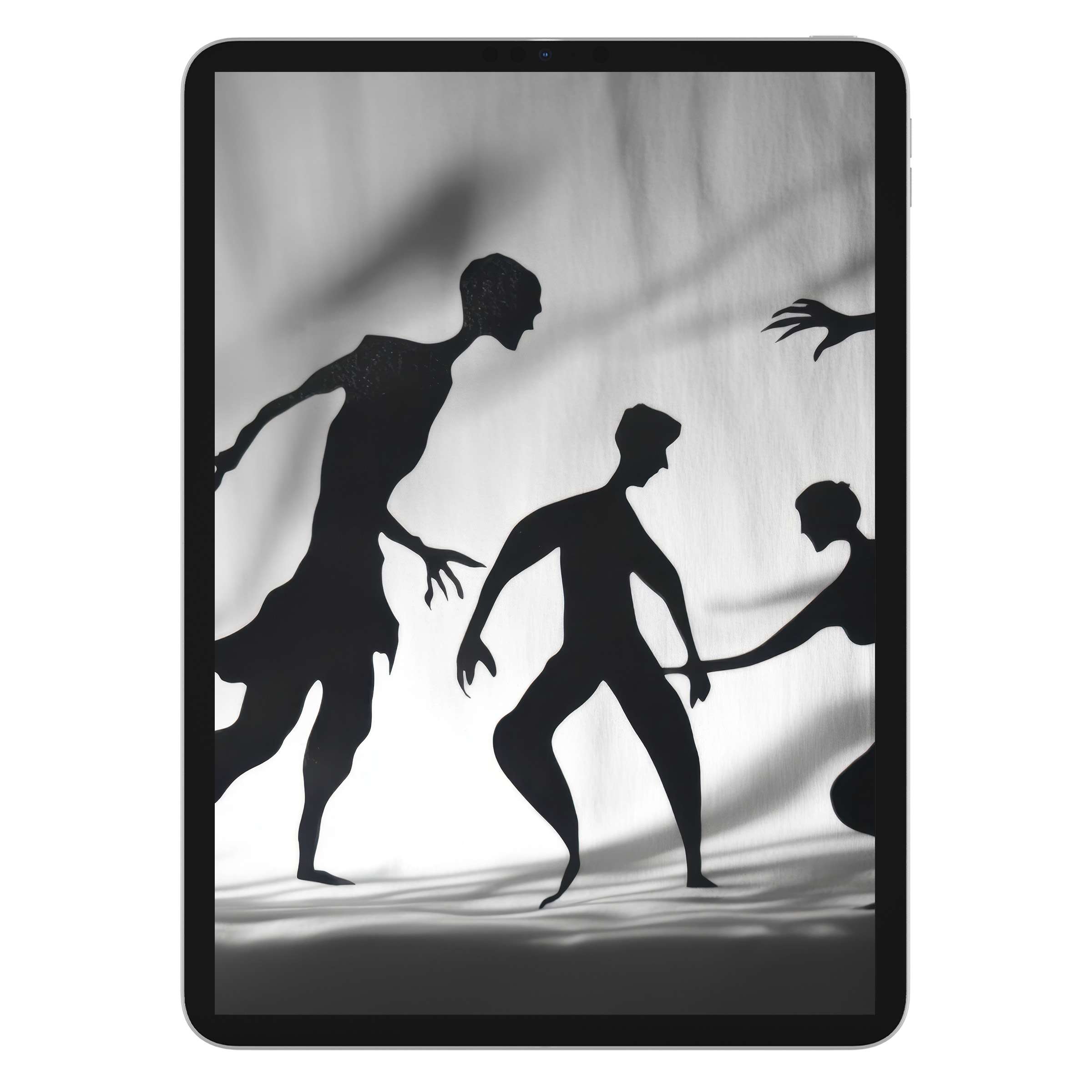 Black and white iPad wallpaper featuring elegant shadow silhouettes creates a serene tablet background for digital download versatility