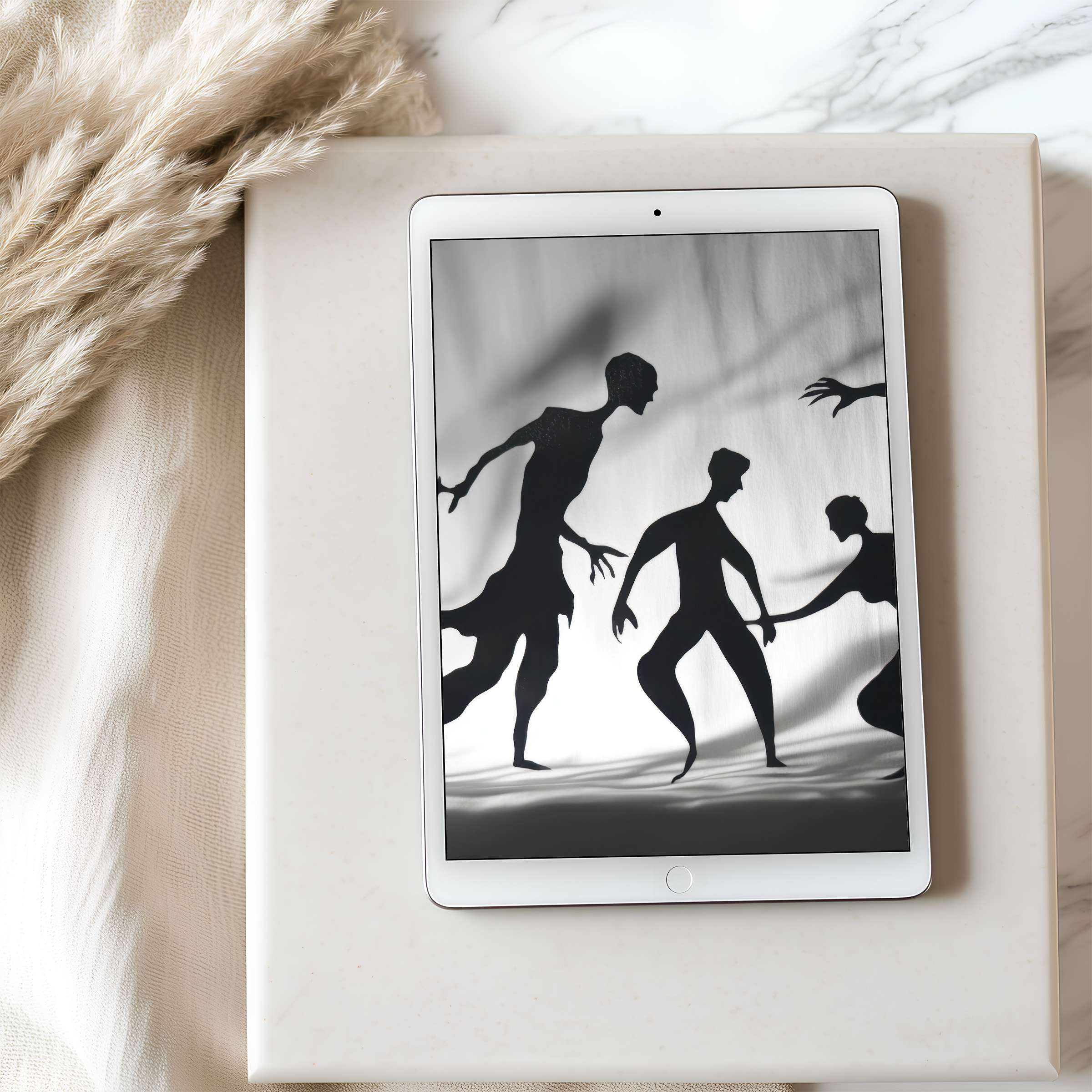 Elegant monochrome silhouettes create a serene tablet wallpaper perfect for high resolution iPad and Android downloads enhancing calm interior spaces