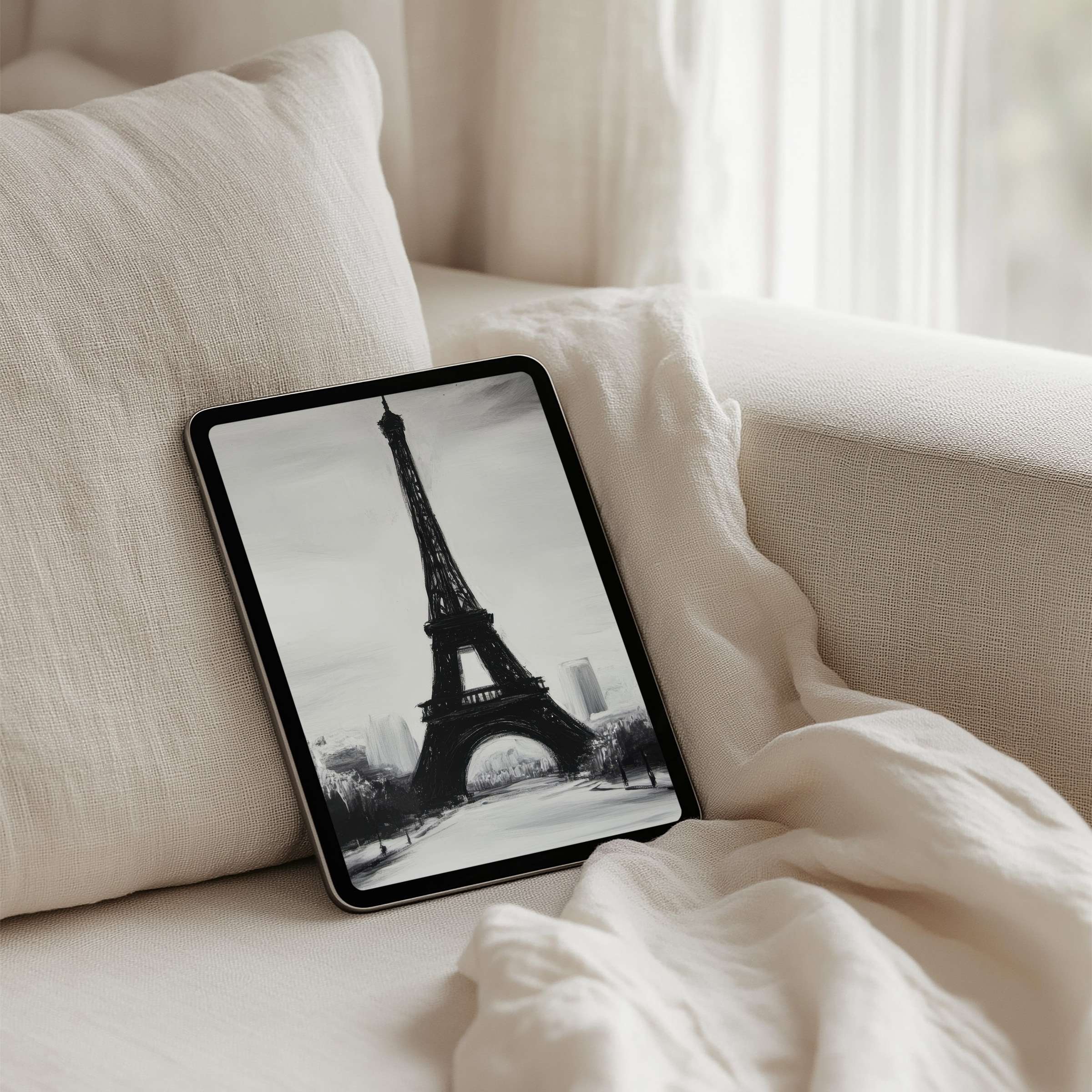 Elegant monochrome Eiffel Tower art iPad background for instant download offers calm inspiration on any tablet screen