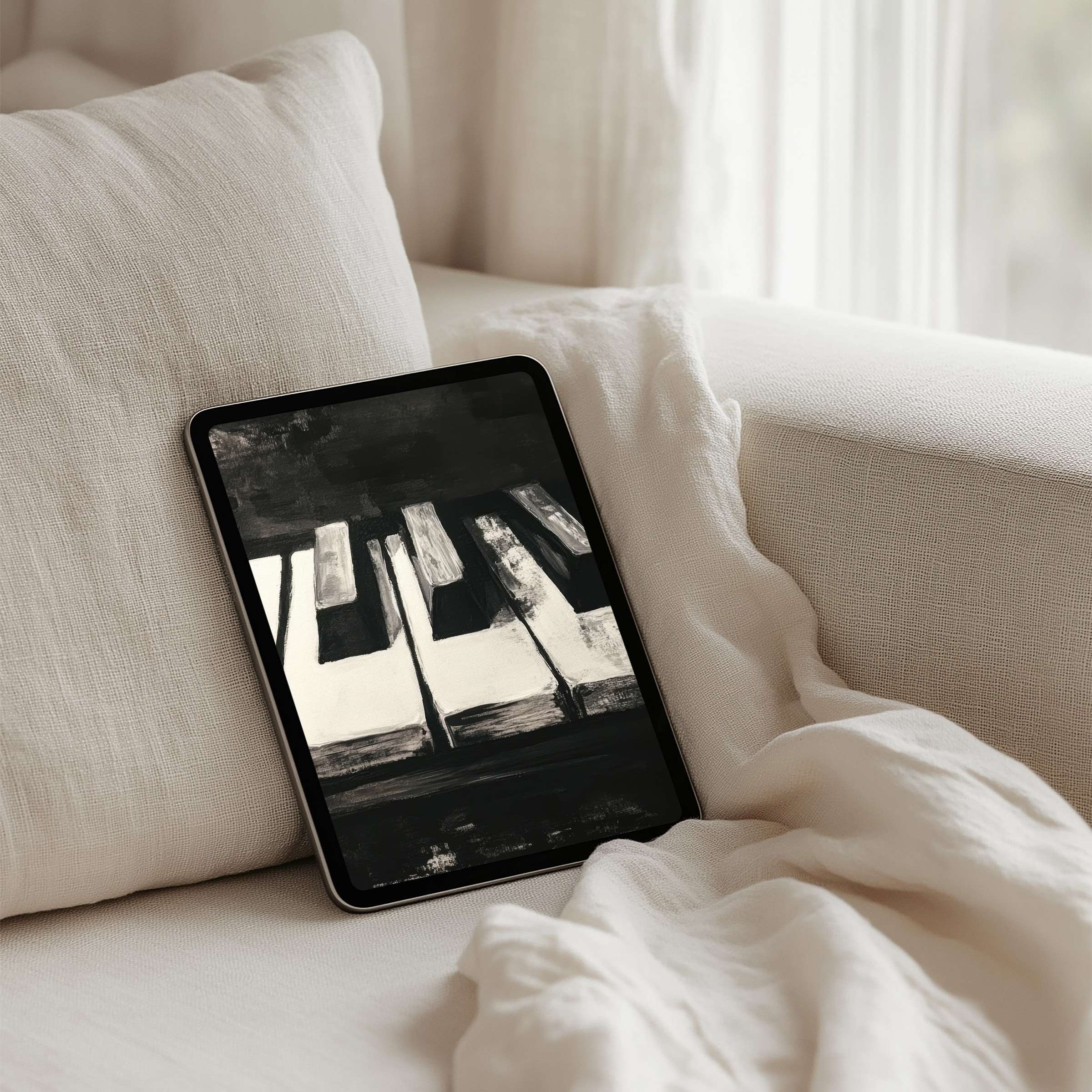 Serene monochrome iPad background exudes calm elegance from realistic piano keys painting perfect for instant download on any tablet