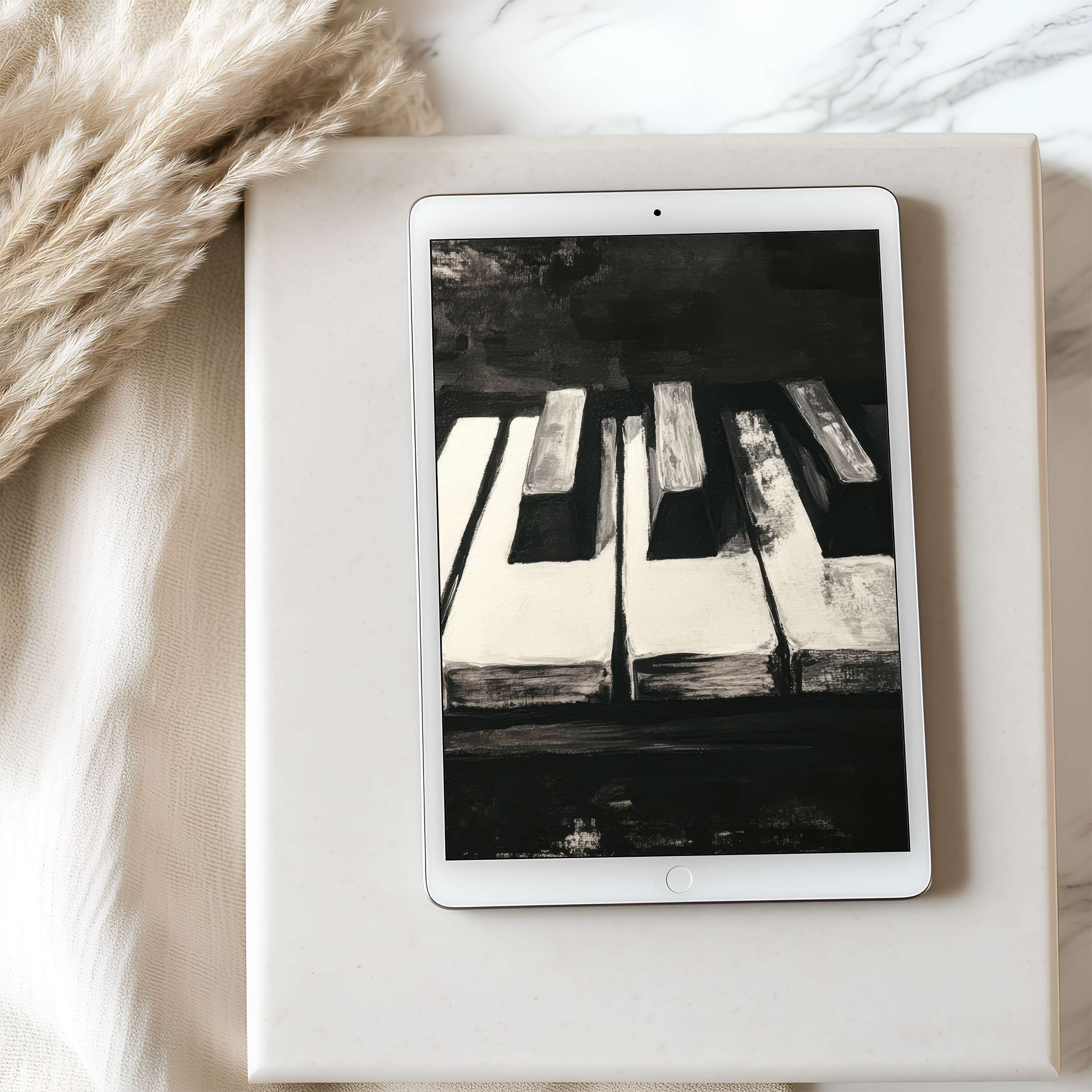Elegantly curated black and white piano art as tablet wallpaper elevates your iPad or Android tablet with timeless, calming aesthetics