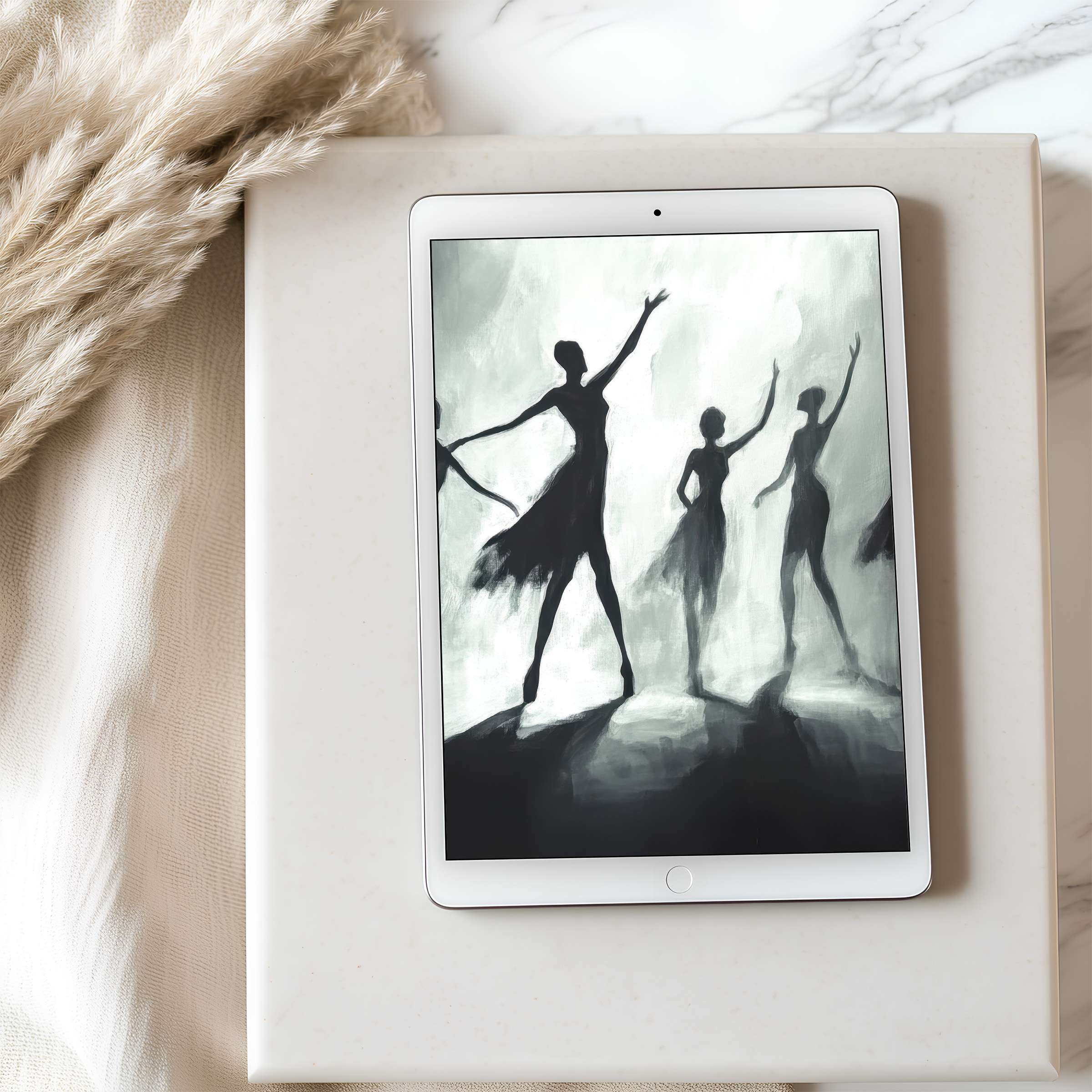 Elegant grayscale dancers on a high-resolution tablet wallpaper evoke calm in a serene, stylish space perfect for digital download