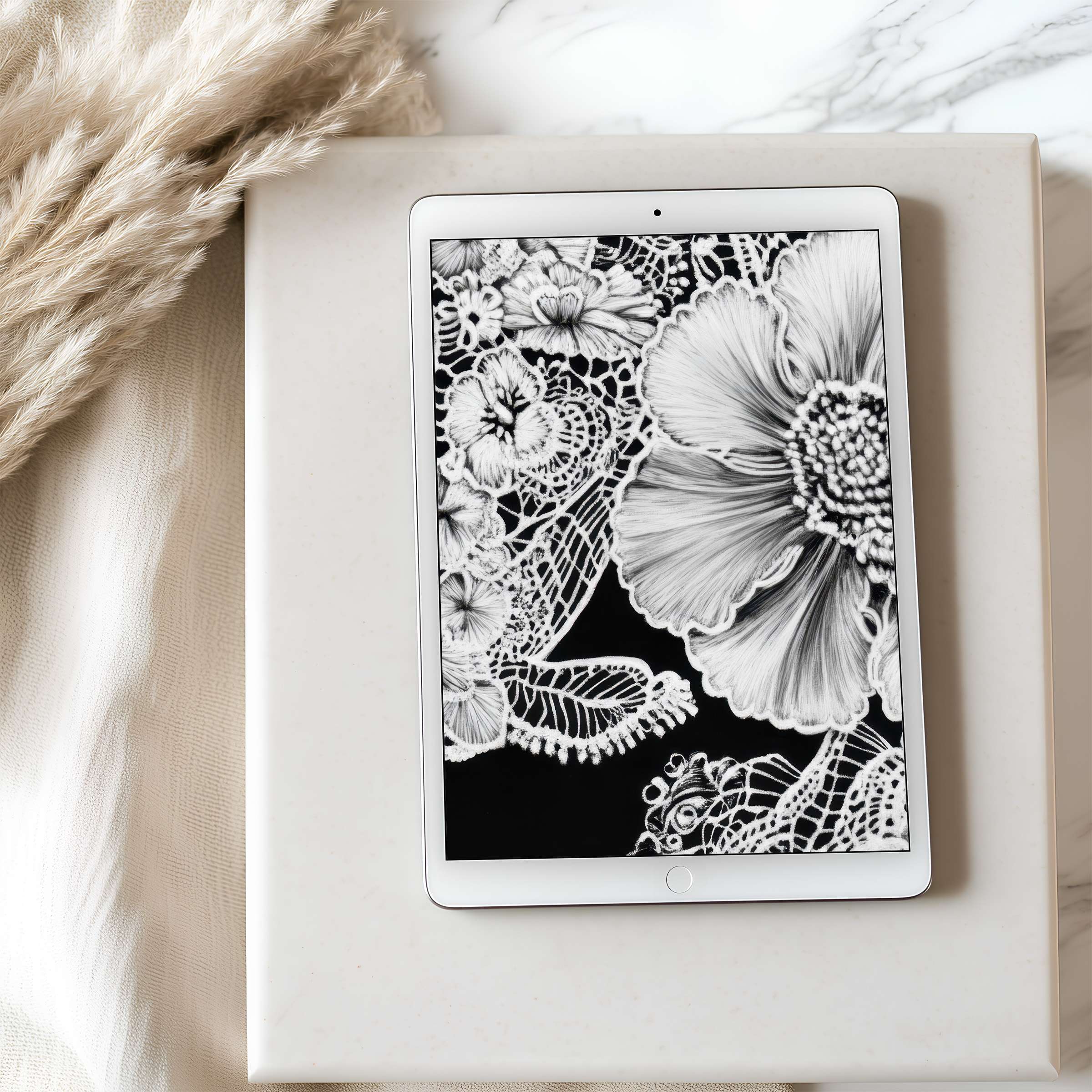 Elegant black and white floral tablet wallpaper in high resolution adds serene sophistication, perfect for iPad digital download use