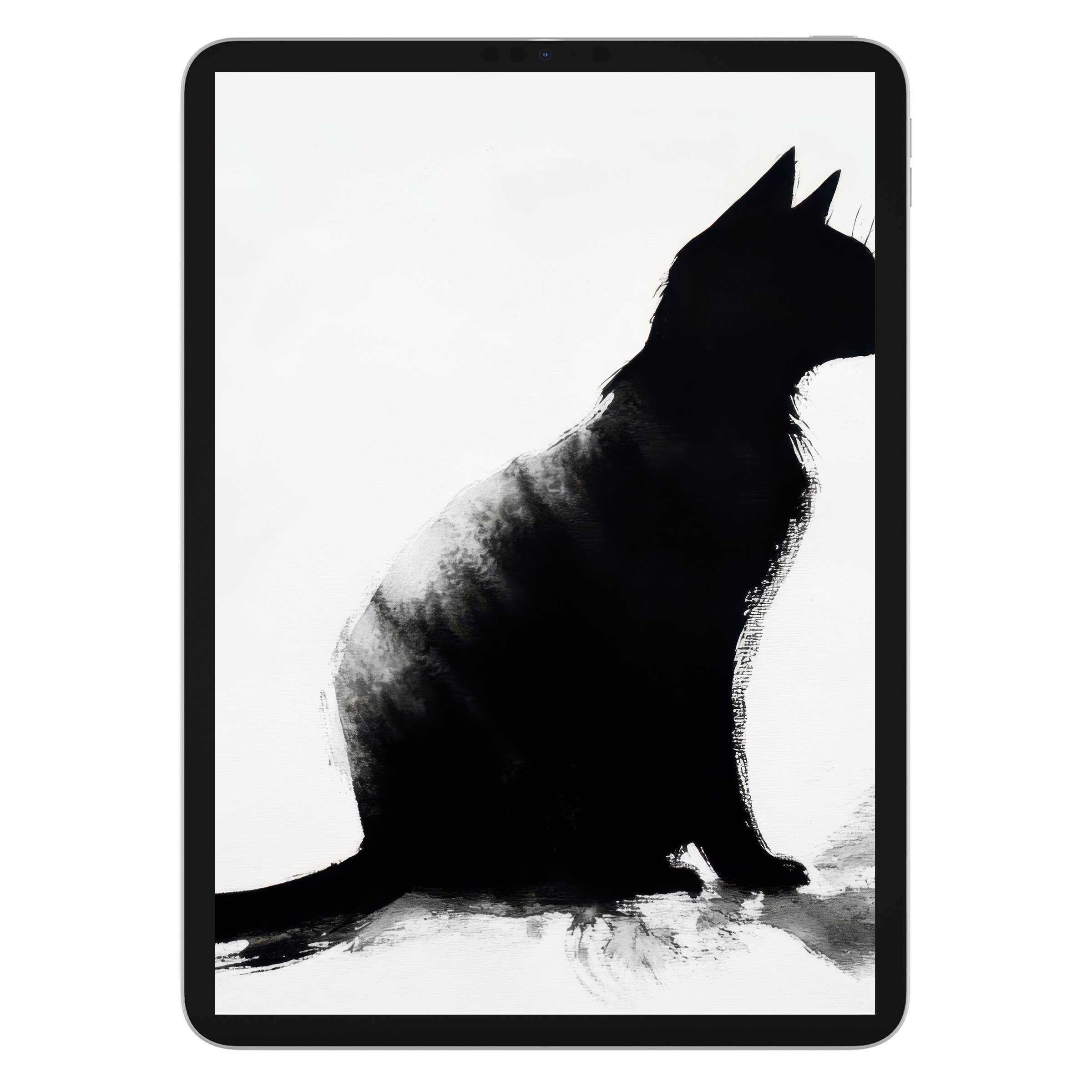 Elegant black and white iPad wallpaper featuring a serene cat silhouette, offering a calm background for tablet digital download use