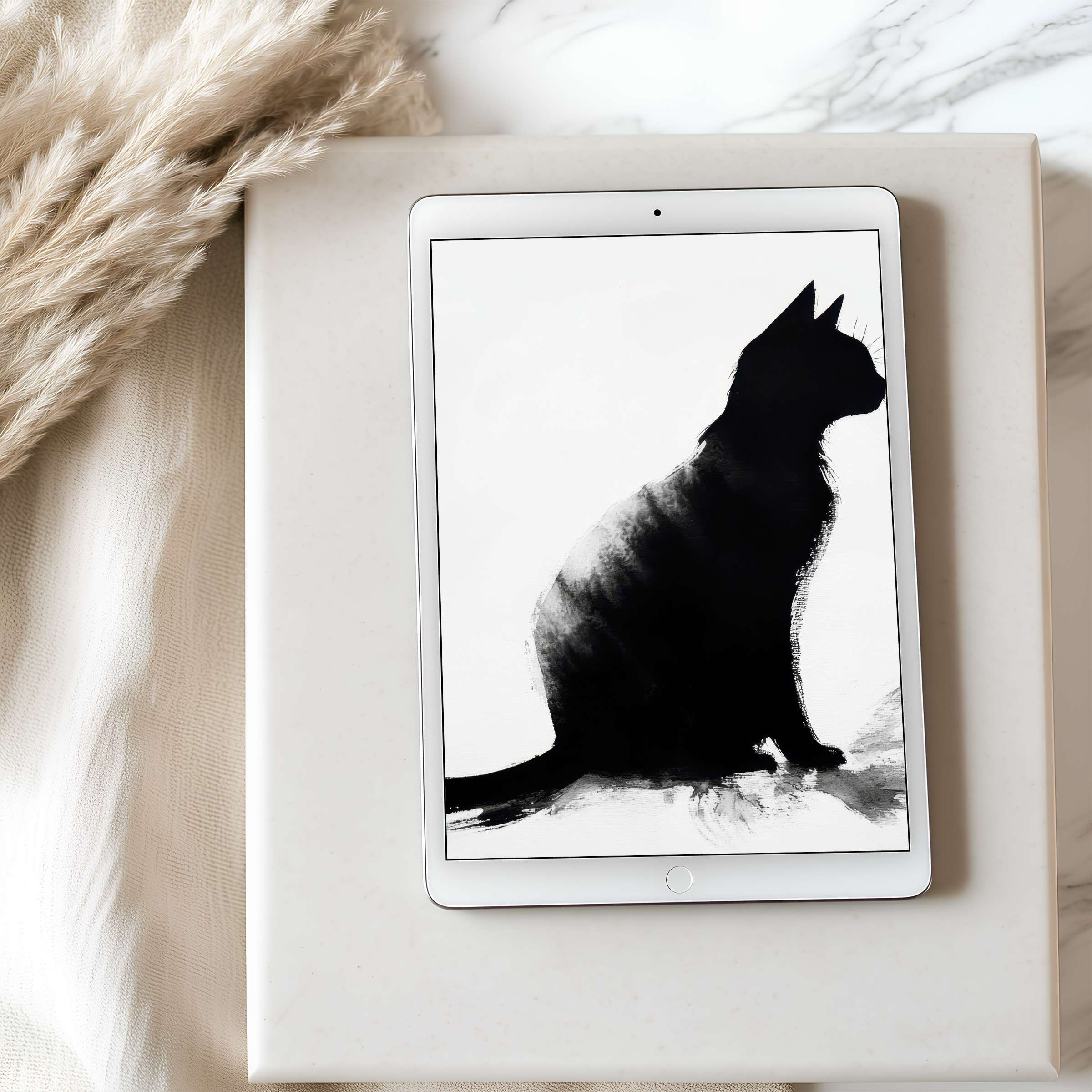 Elegant black cat silhouette in high resolution, perfect as a curated tablet wallpaper for iPad or Android, bringing serenity and style
