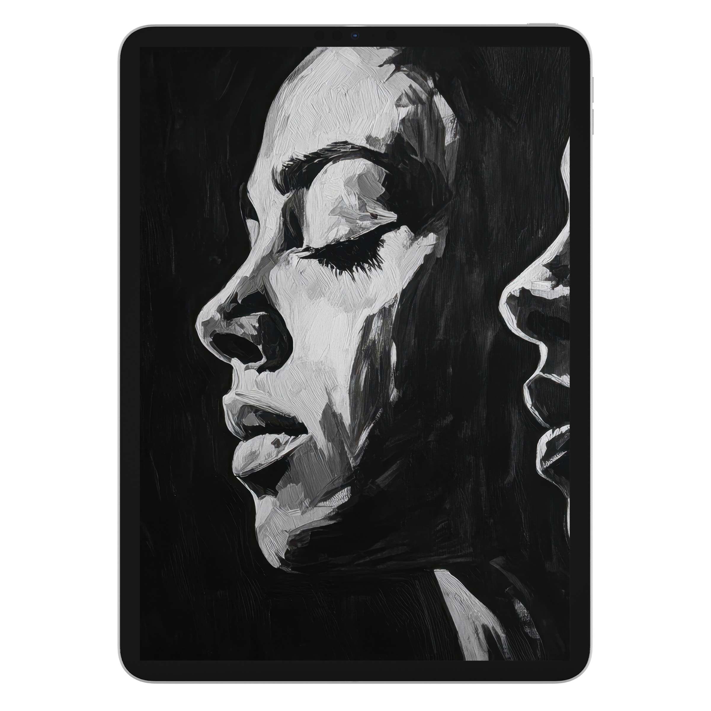 Elegant black and white iPad wallpaper featuring a serene profile painting, perfect digital download for tablet background elegance