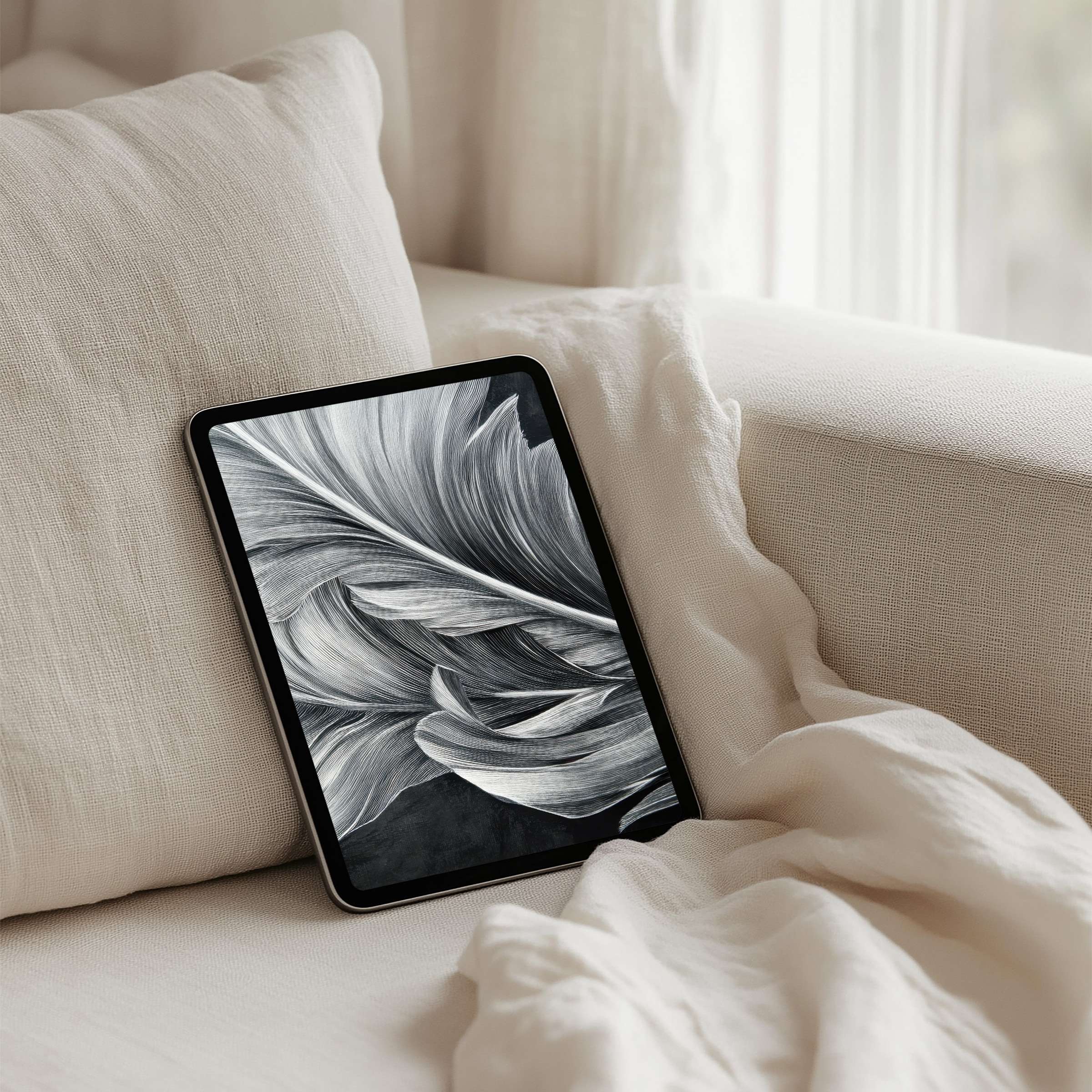 Elegant grayscale abstract feather iPad background for instant download brings calm elegance to any tablet including Android and Samsung