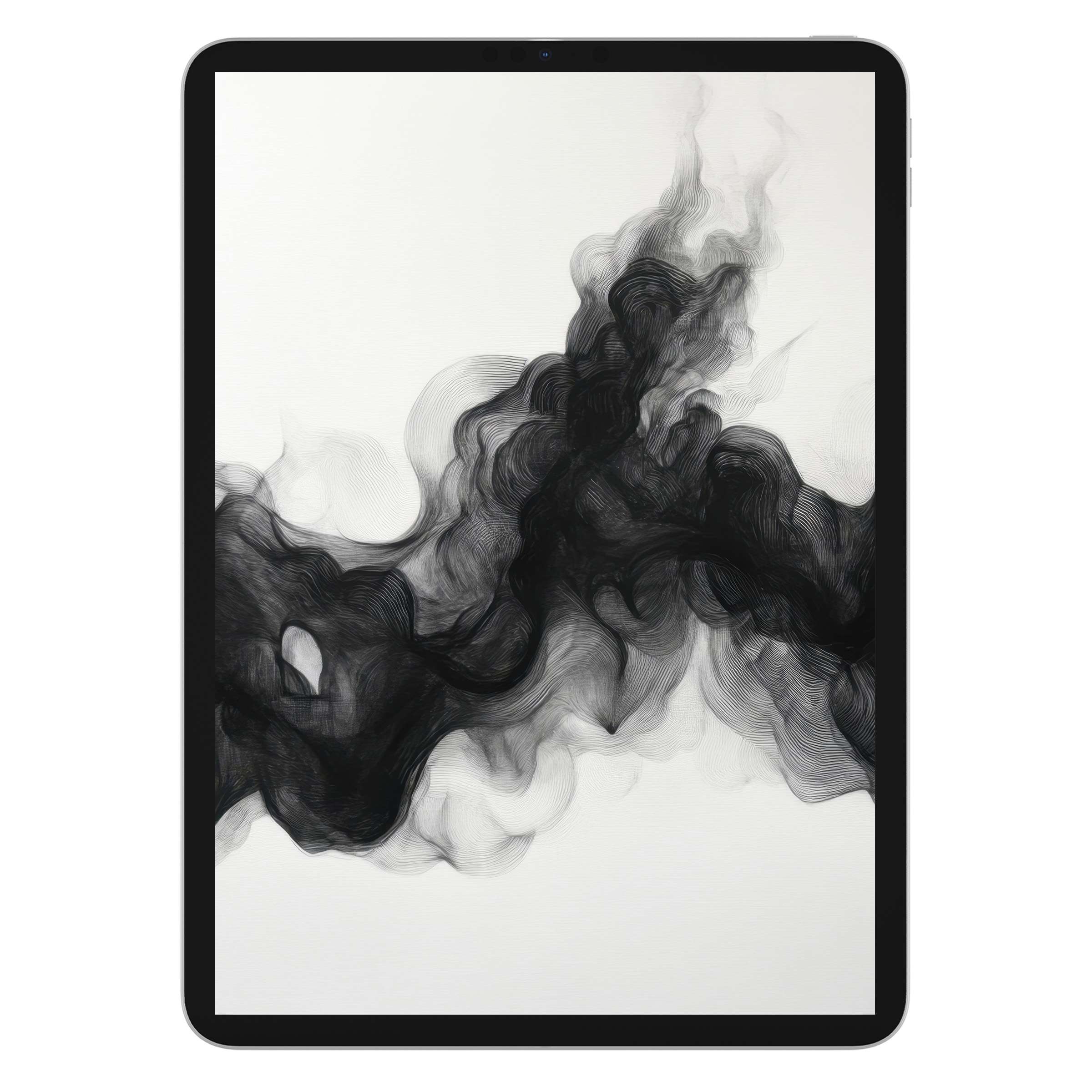 Elegant black and white iPad wallpaper featuring fluid abstract smoke textures, perfect digital download for a calming tablet background