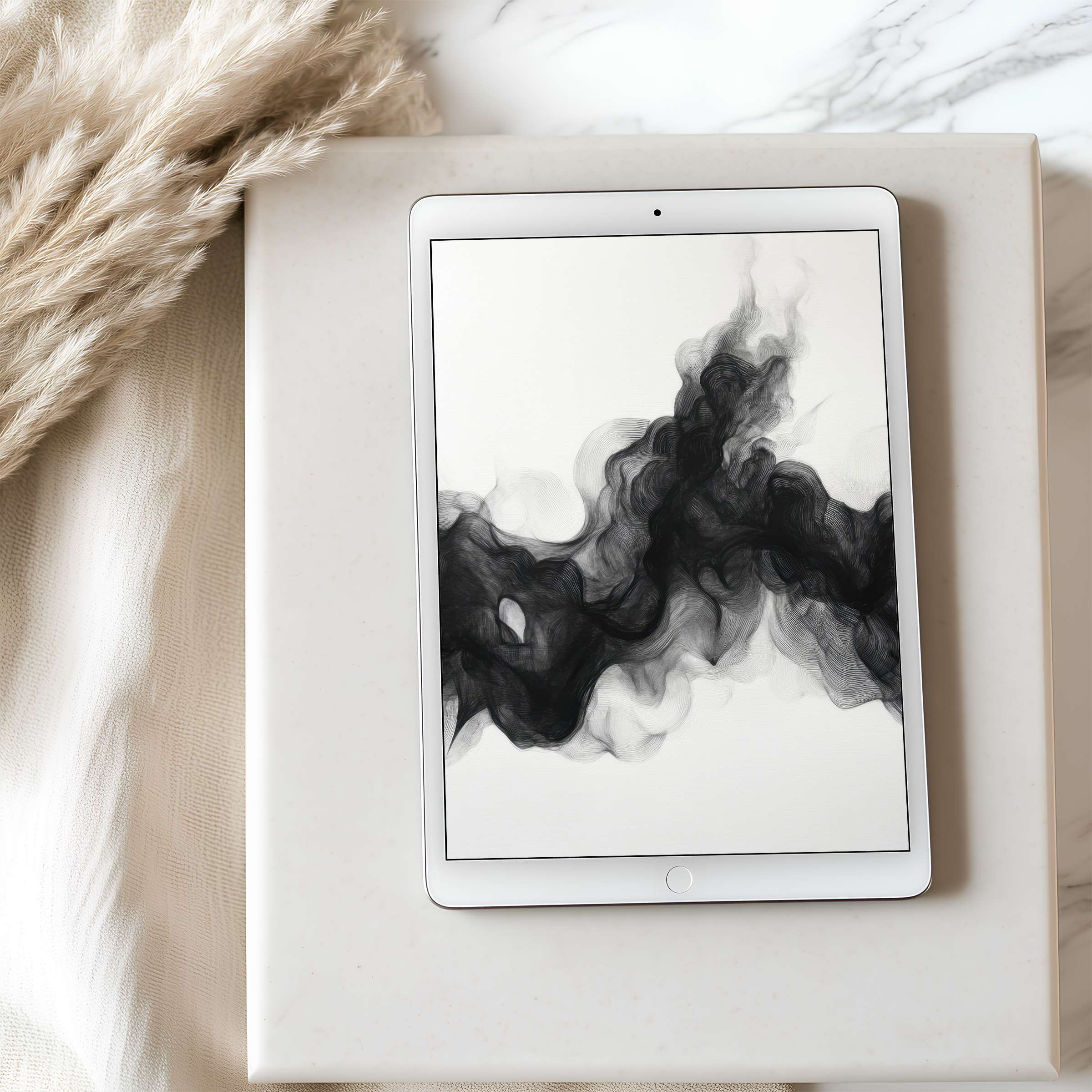 Elegant black abstract art as tablet wallpaper on iPad offers calm sophistication for high-resolution digital downloads and decor
