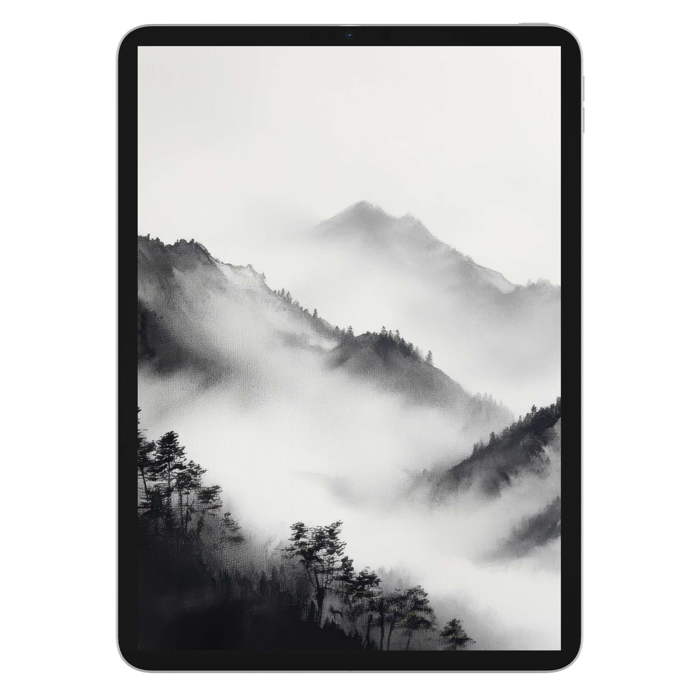 Tranquil black and white iPad wallpaper featuring misty mountains creates an elegant tablet background; perfect digital download for serenity