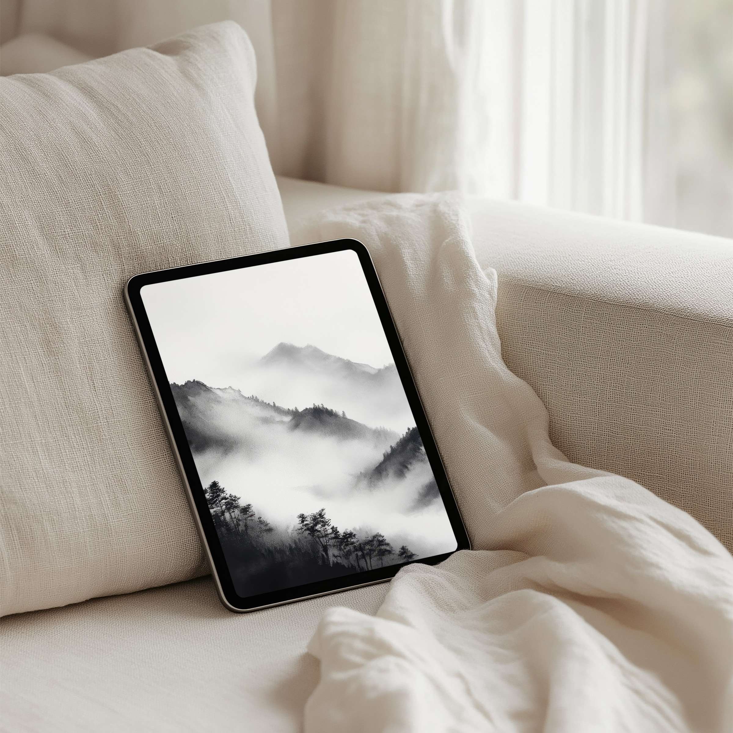 Elegant iPad background featuring serene misty mountains for tablet, perfect for mindfulness and instant download