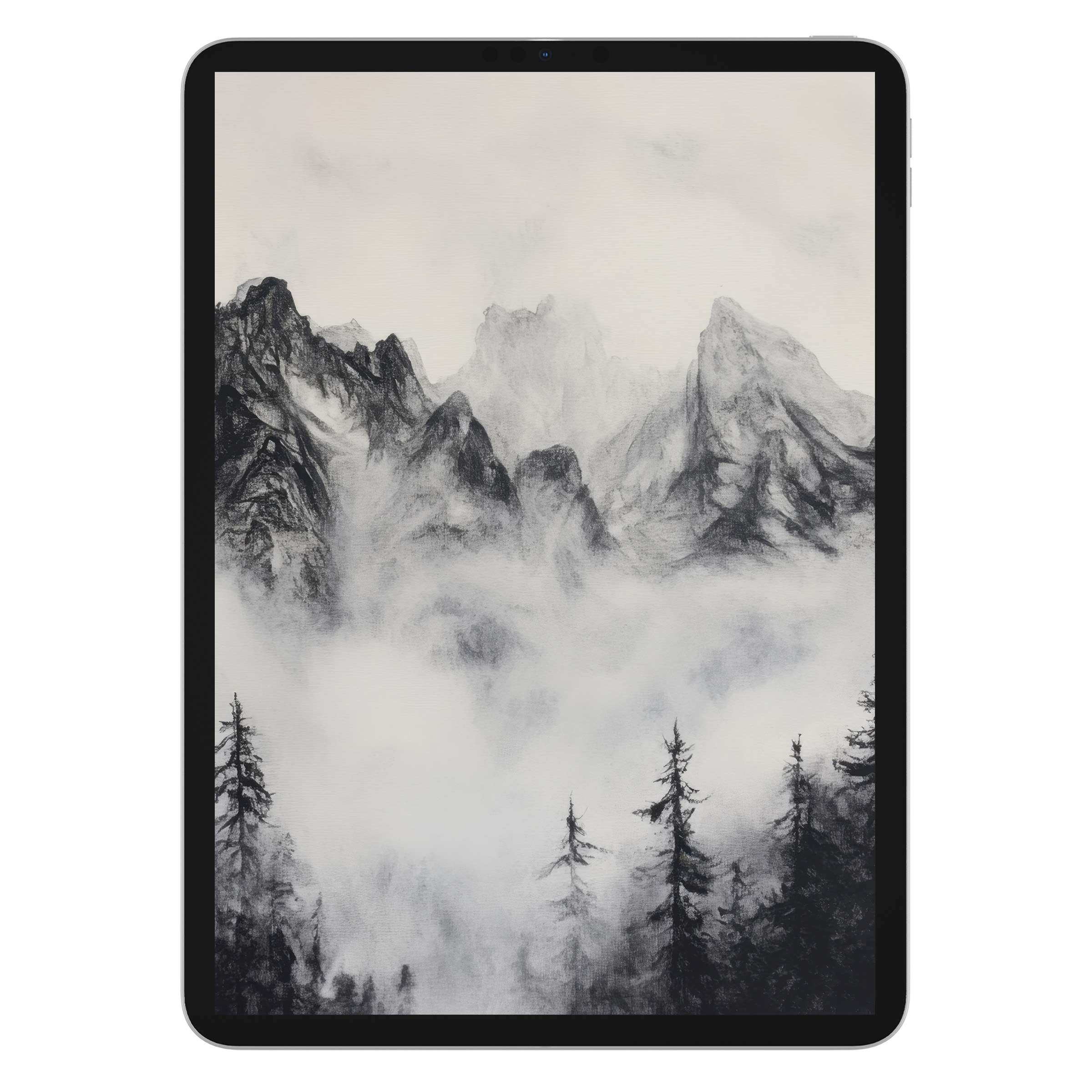 Elegant black and white iPad wallpaper featuring misty mountains; digital download for a serene tablet background on any device