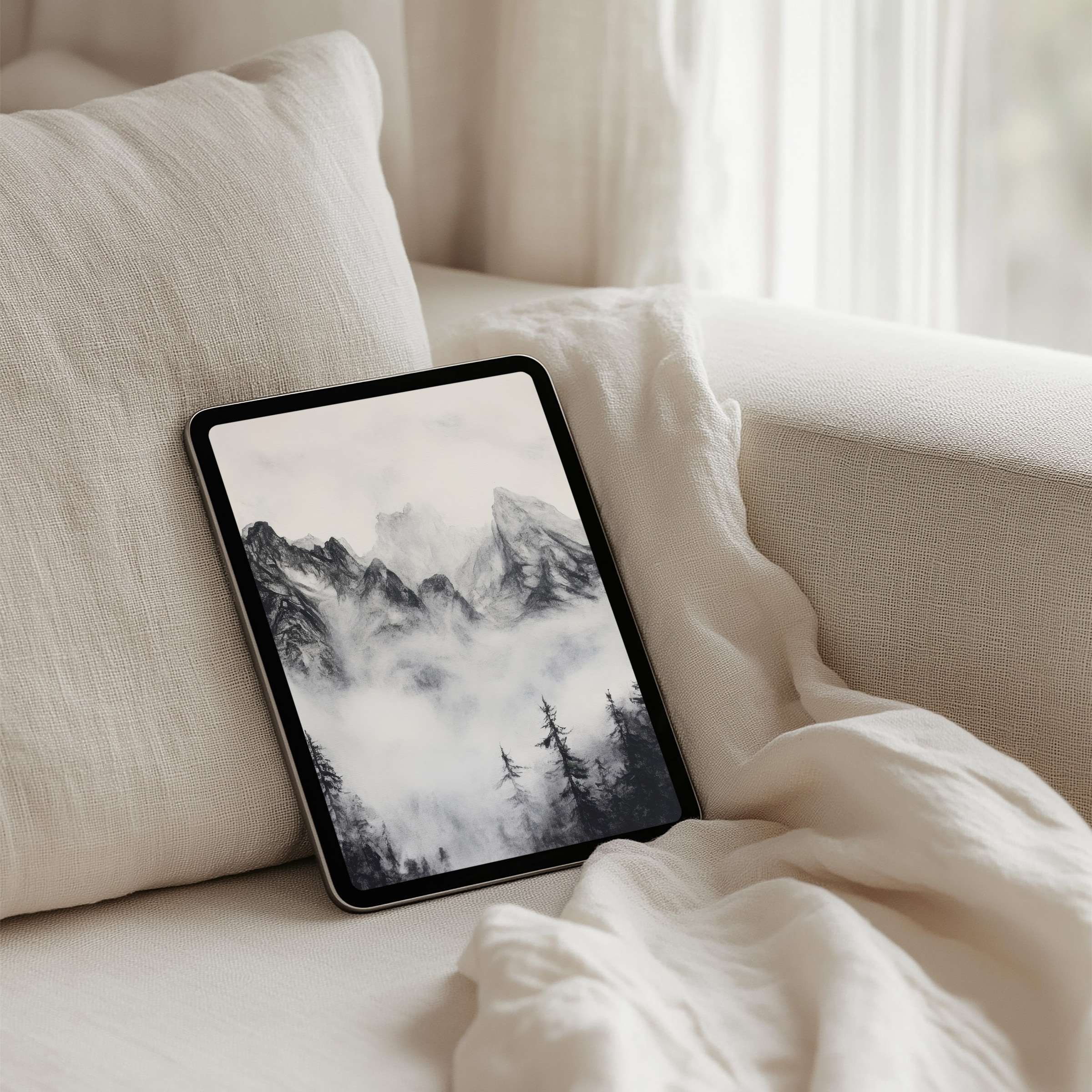 Dreamy mountain mist digital art for iPad background offers instant download calm, fits all tablets like Samsung and Android