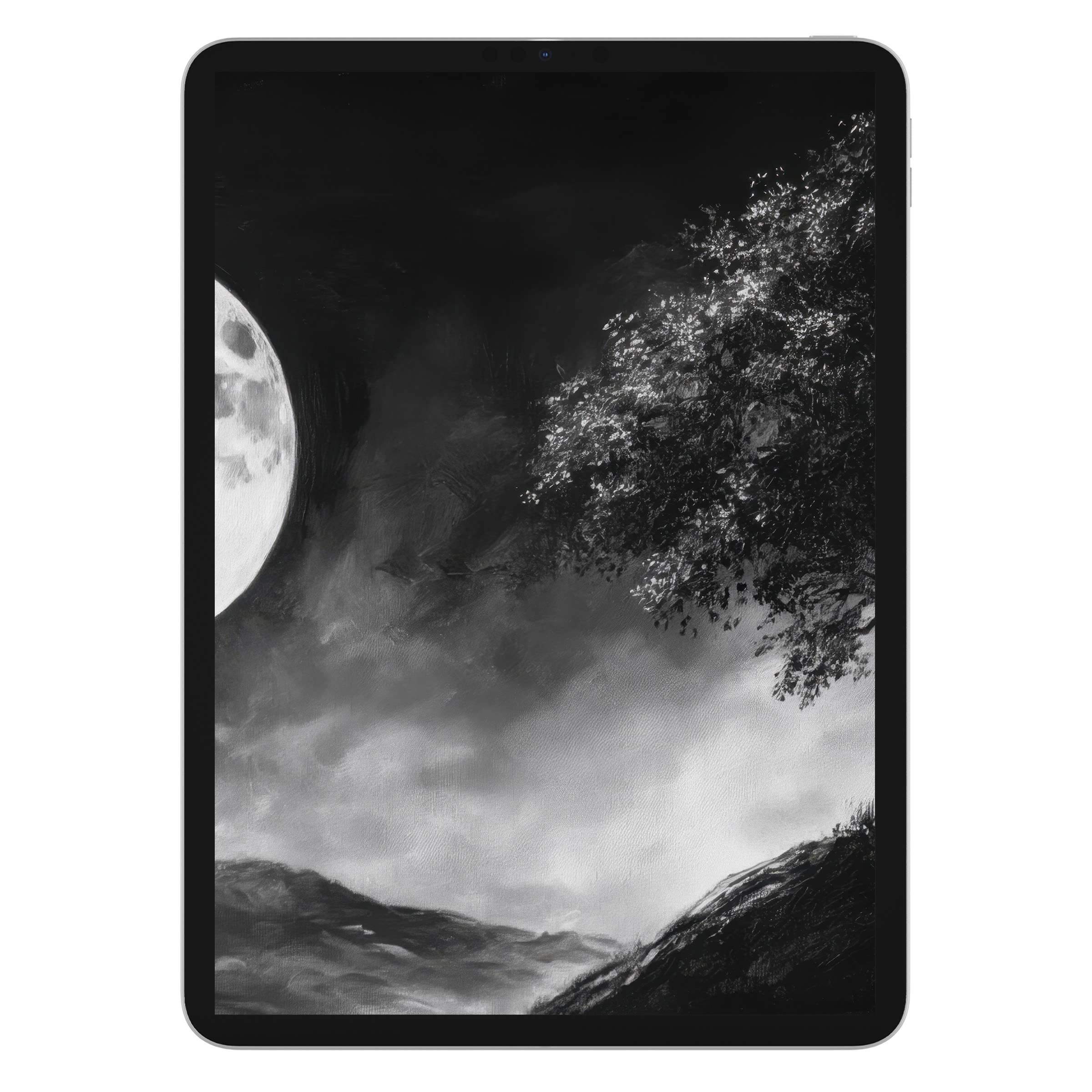 Serene black and white iPad wallpaper featuring a moonlit landscape with trees and clouds, perfect digital download for tablet background