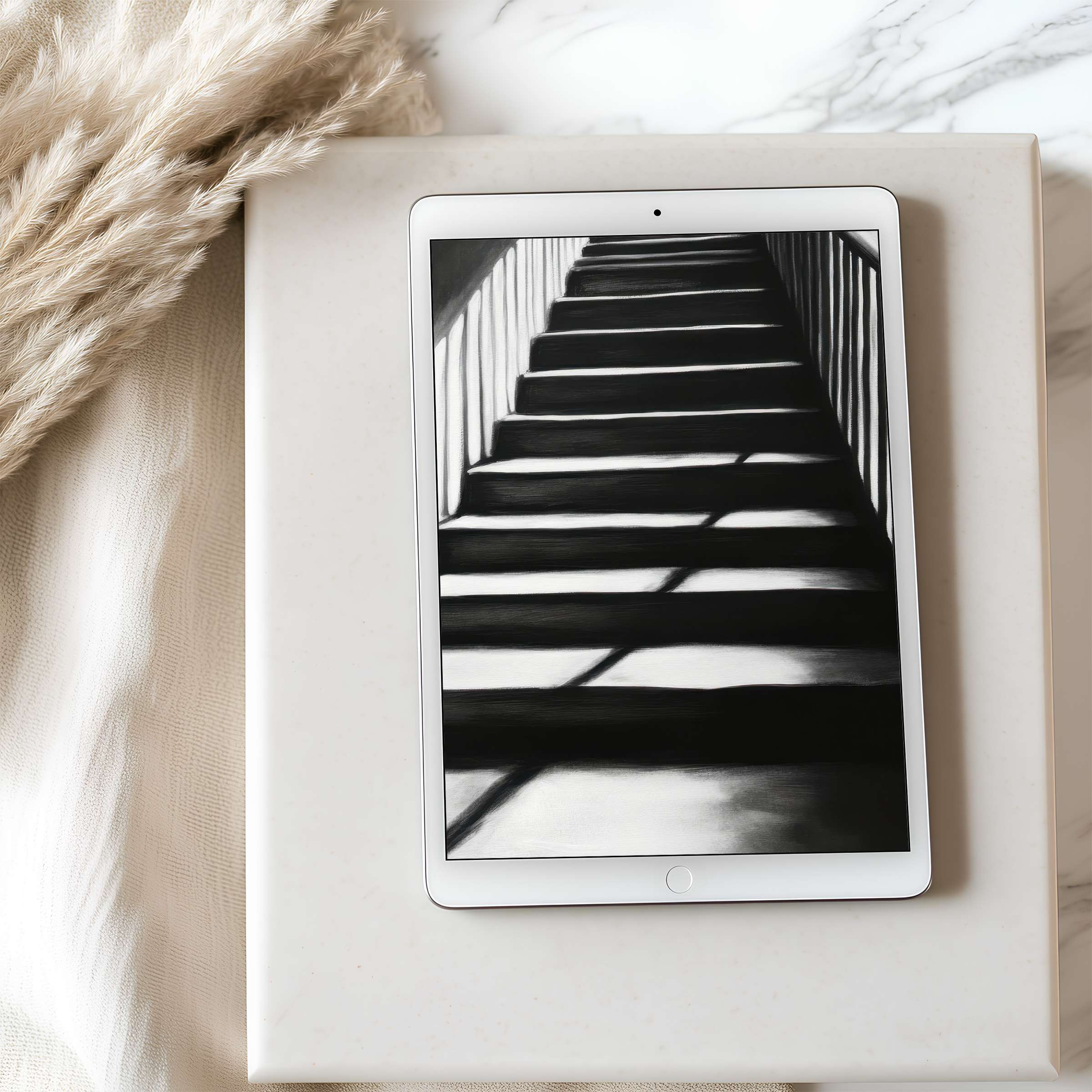 Elegant black and white tablet wallpaper showcasing minimalist staircase shadows suitable for iPad and Android tablets digital download