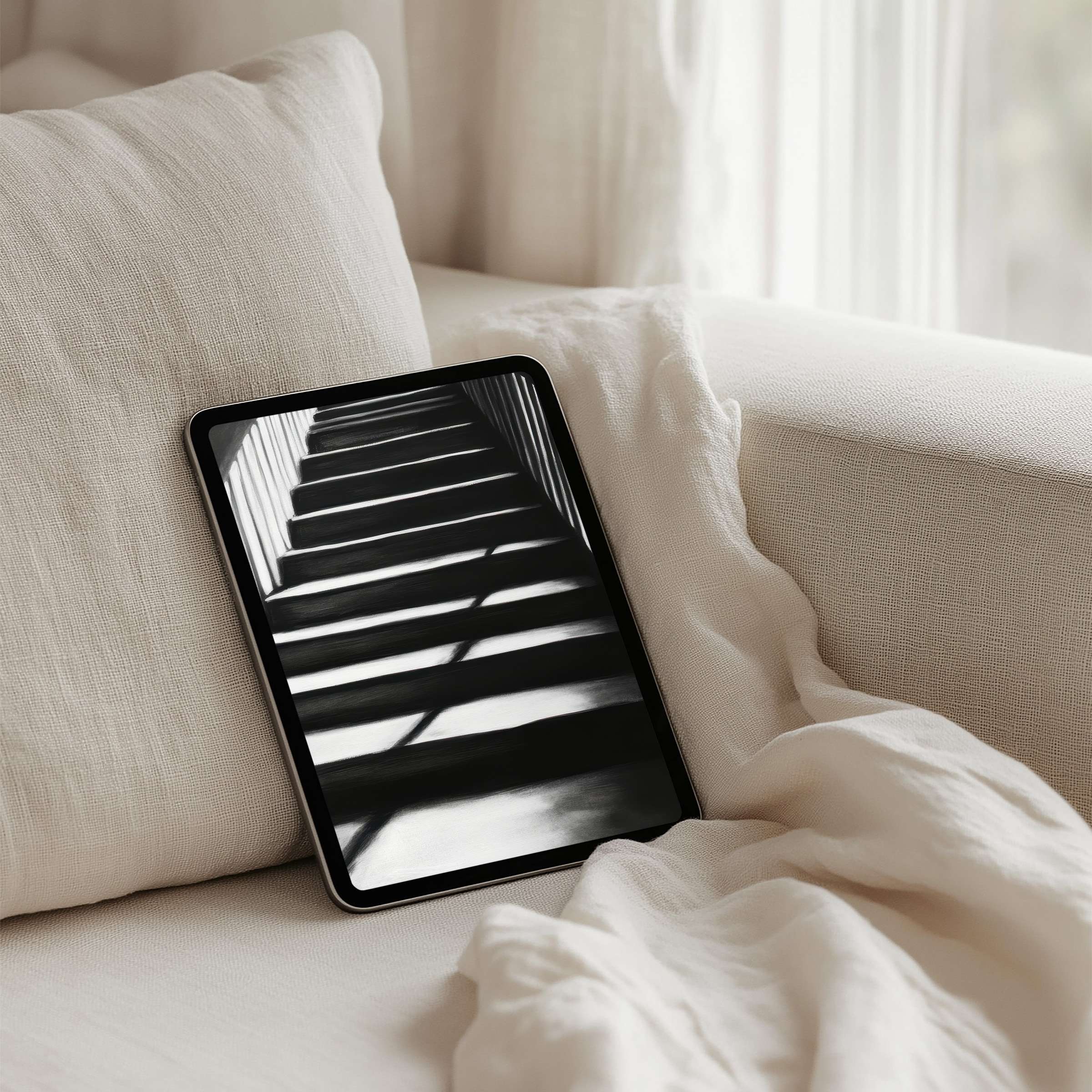 Elegant shadows on stairs create a calming iPad background for instant download, perfect for your tablet’s serene setting