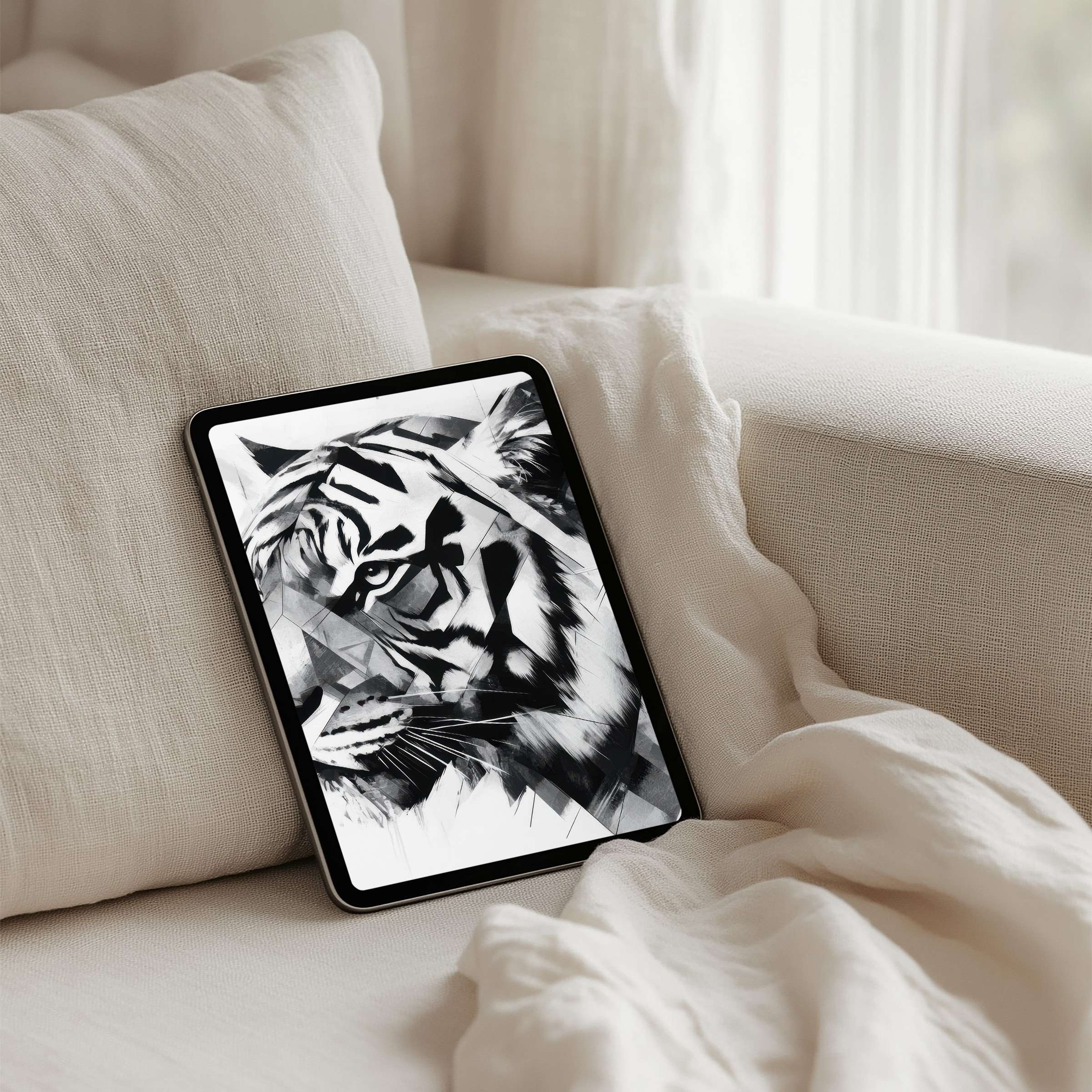 Elegant grayscale tiger art enhances calm iPad background for tablets with instant download inspiring mindfulness and style