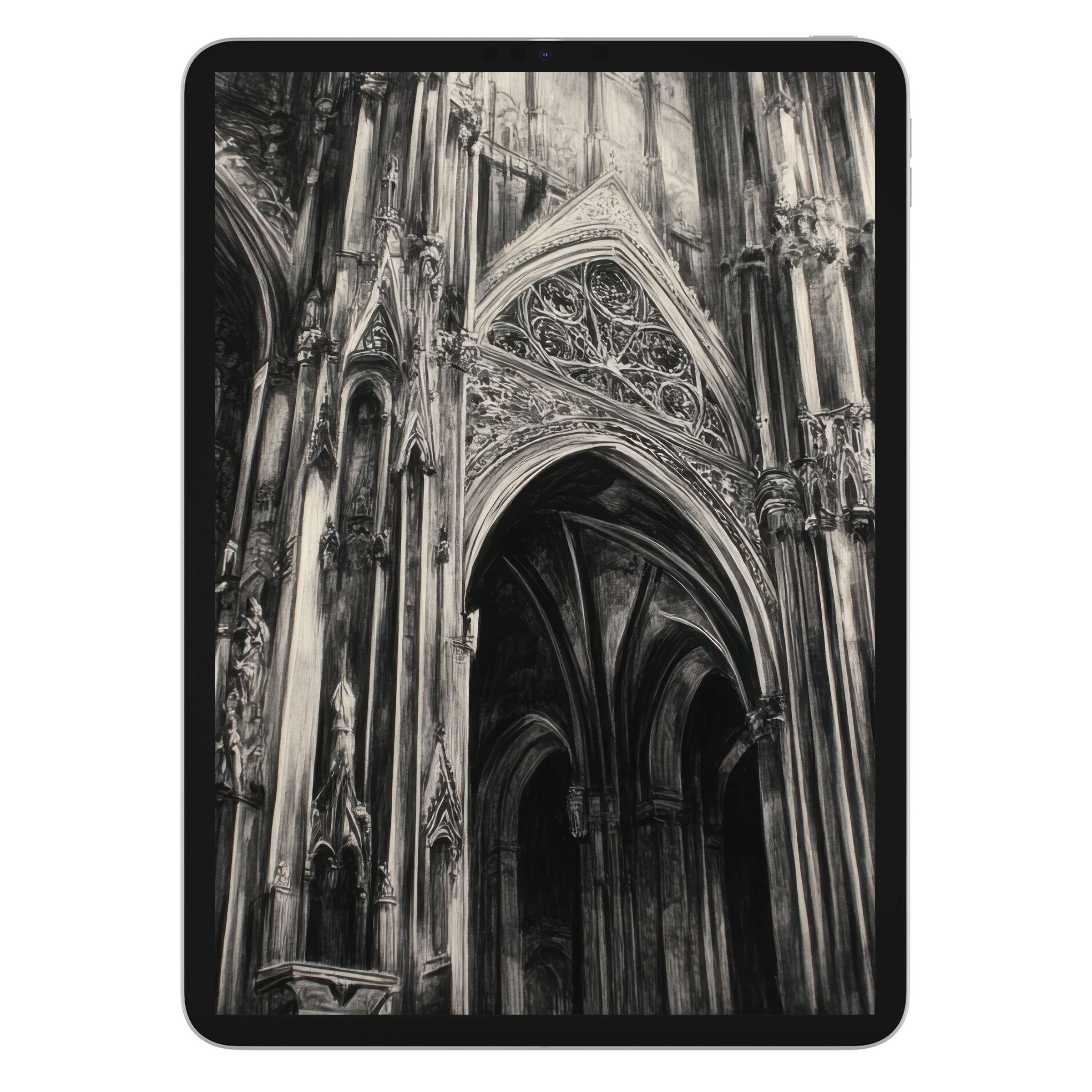 Elegant black and white iPad wallpaper capturing gothic architecture for a serene digital download suitable for tablet background use