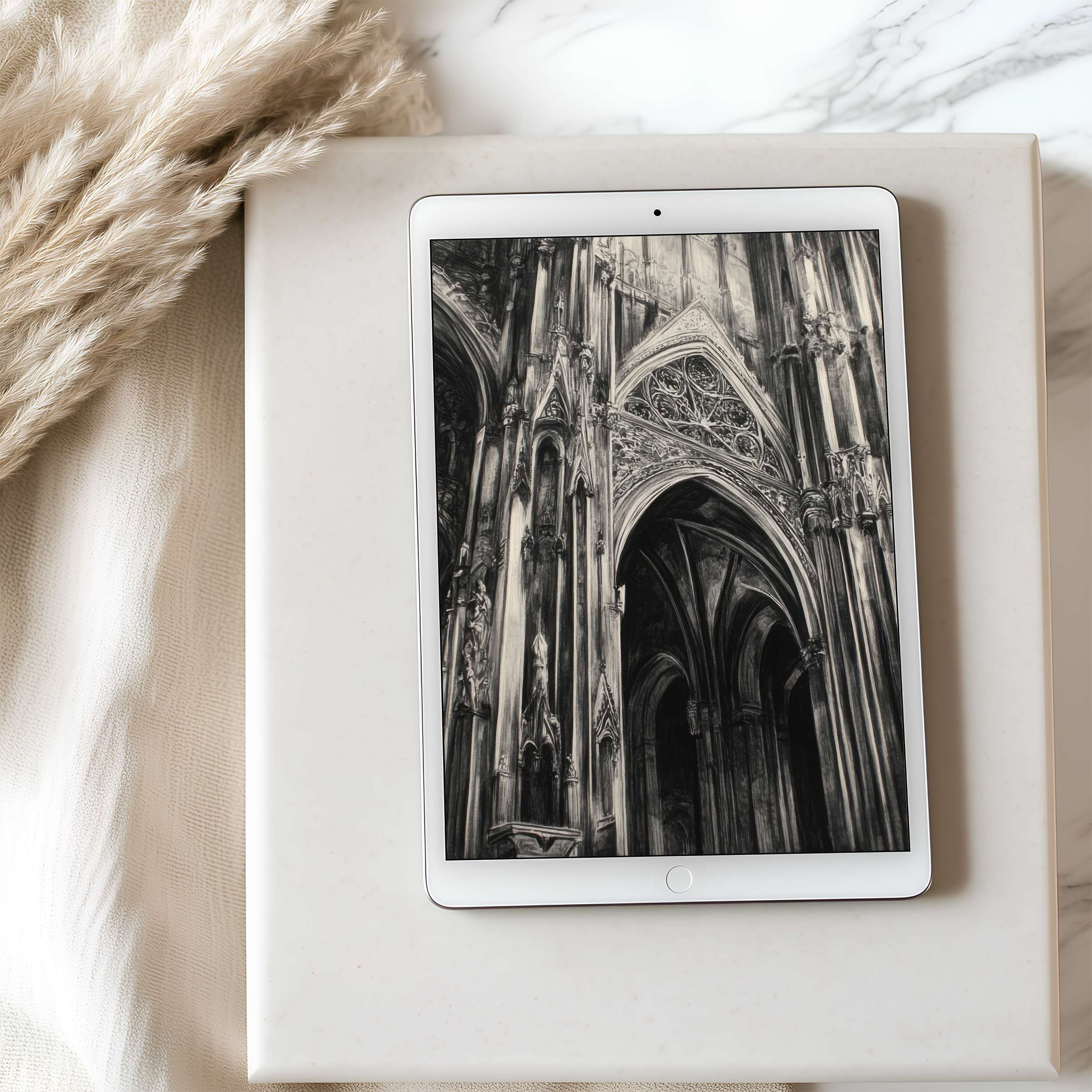 Elegant monochrome cathedral tablet wallpaper complements serene, high-resolution aesthetic perfect for iPad or Android tablets, digital download