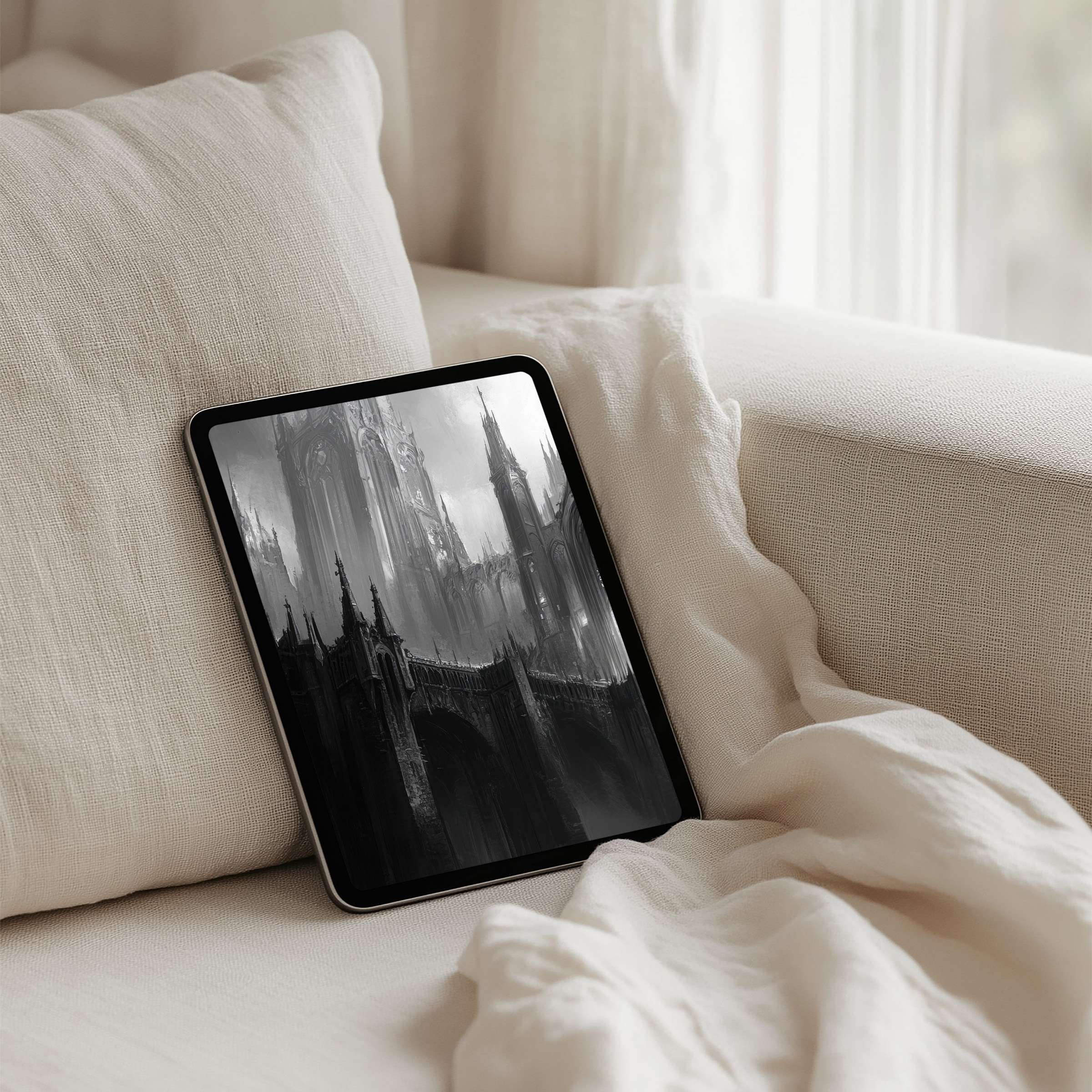 Mystical black-and-white gothic iPad background evokes calm and elegance, perfect for instant download on any tablet device