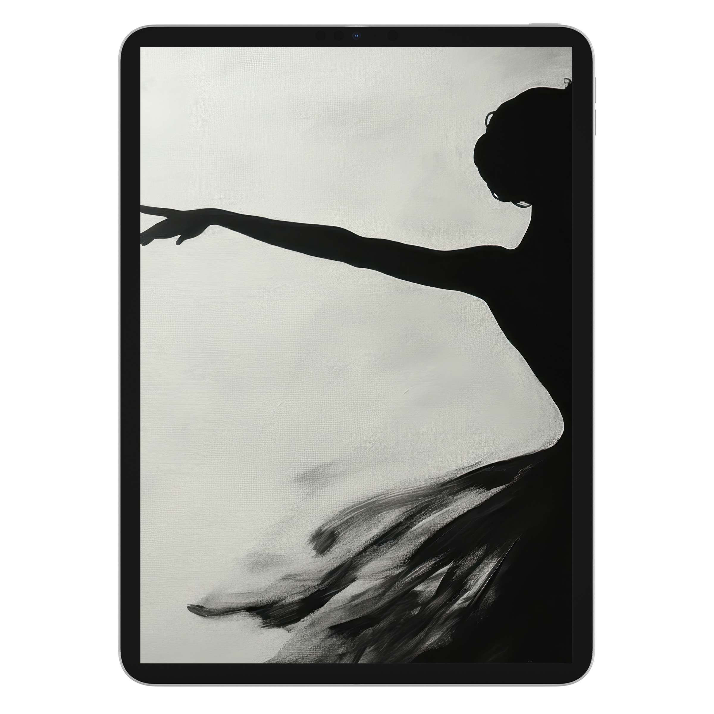 Elegant black and white iPad wallpaper showcasing a dancer's silhouette creates a serene tablet background digital download option