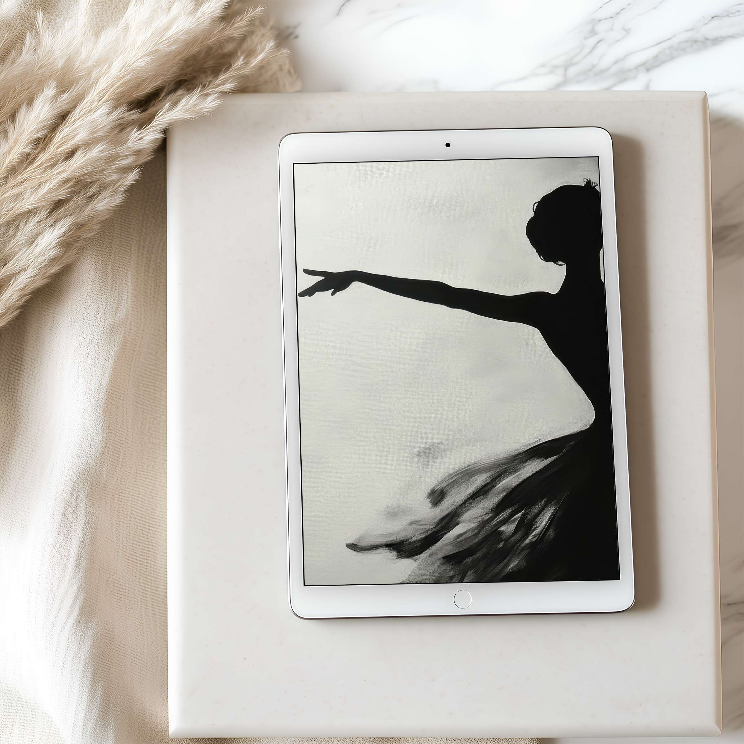 Elegant black and white dancer silhouette tablet wallpaper invites a serene ambiance suitable for iPad or Android high resolution download