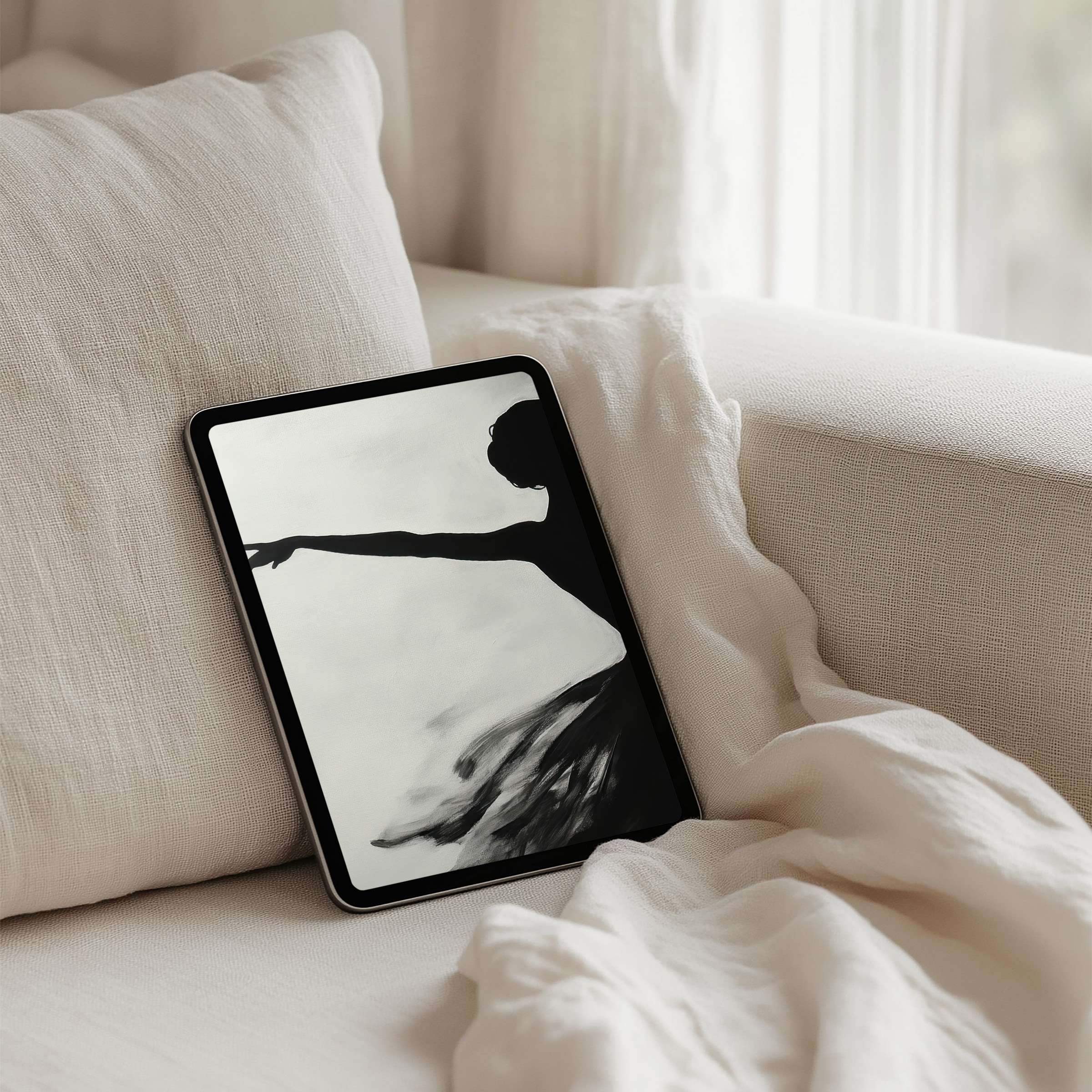 Elegant iPad background showcasing a graceful dancer's silhouette in monochrome for instant download on any tablet device elevates mindfulness