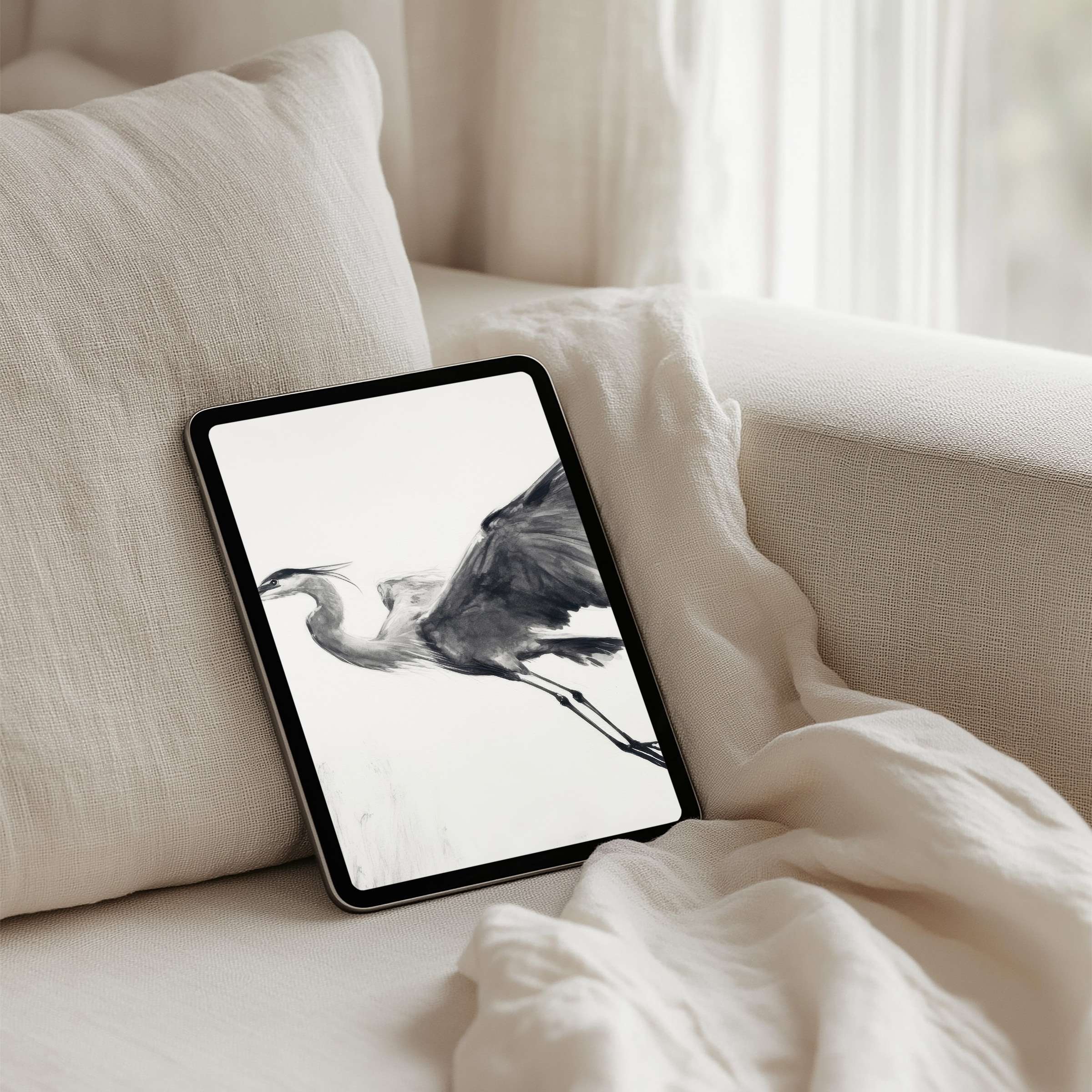 Elegant heron ink art as iPad background offers instant download for tablet users seeking calm inspiration in neutral tones