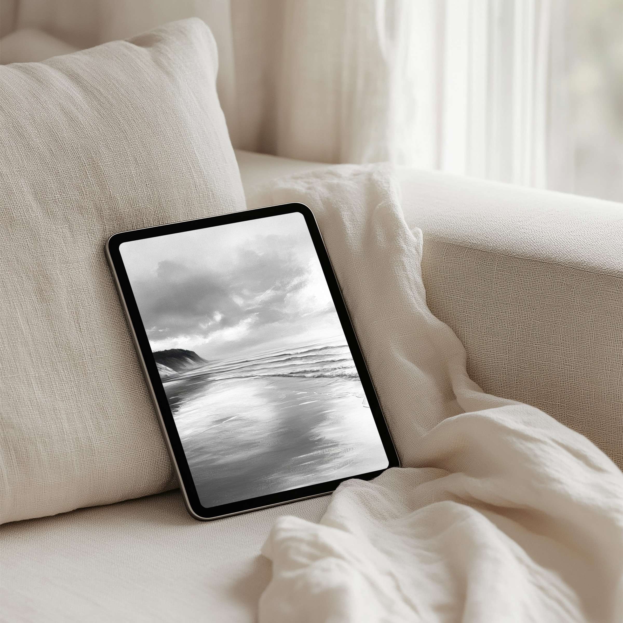 Elegant monochrome seascape iPad background for instant download on your tablet offering calm and inspired relaxation in any space